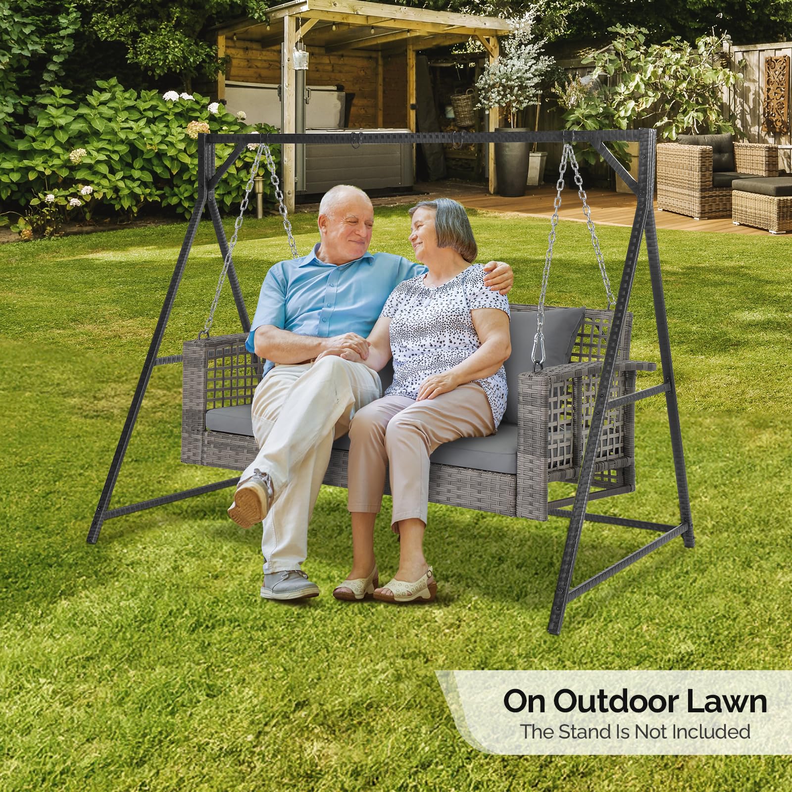 VINGLI 4 FT Outdoor Rattan Porch Swing with Cushions - 800 LB Weight Capacity, Adjustable Chains - Patio Wicker Swing Bench Chair for Garden, Yard, Lawn, or Tree (Grey) - Perfect for Relaxing on Your Porch, Deck, or Backyard Oasis