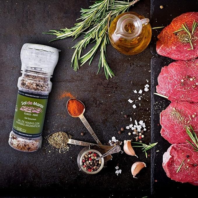Premium Maras Gourmet Pink Salt from Peru - Hand-Harvested, Refillable Grinder 3.5oz (100g) with Natural Spices | Unique Flavor for Cooking, Seasoning & Gourmet Dishes | Authentic Peruvian Pink Salt for Chefs & Home Cooks