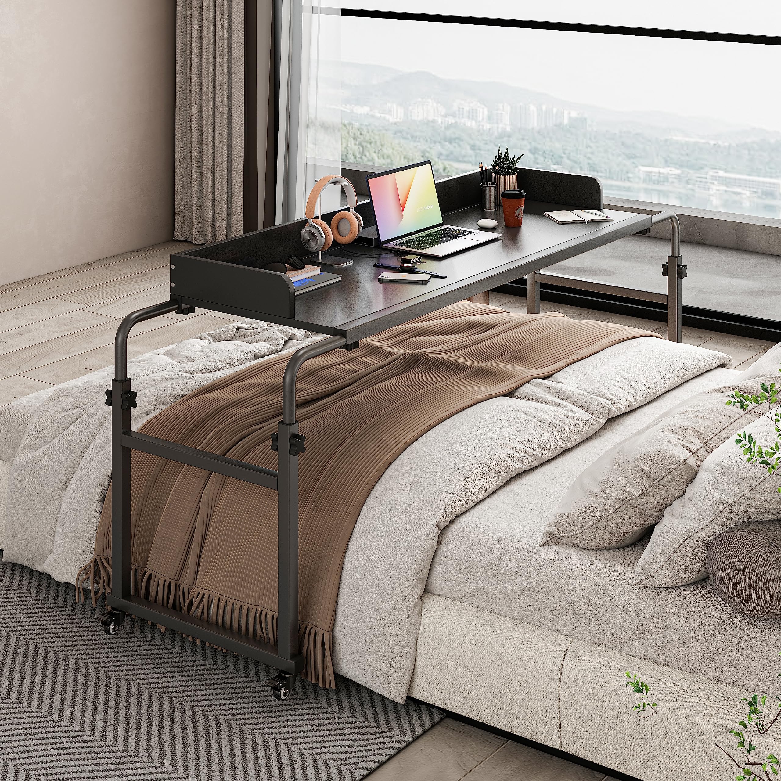 Overbed Table with 360° Wheels - Adjustable Height & Length Queen Size Mobile Bed Desk - Heavy Duty Metal Leg Recliner Table for Hospital, Home & Nursing Care (Ideal for Eating, Working, Reading in Bed)