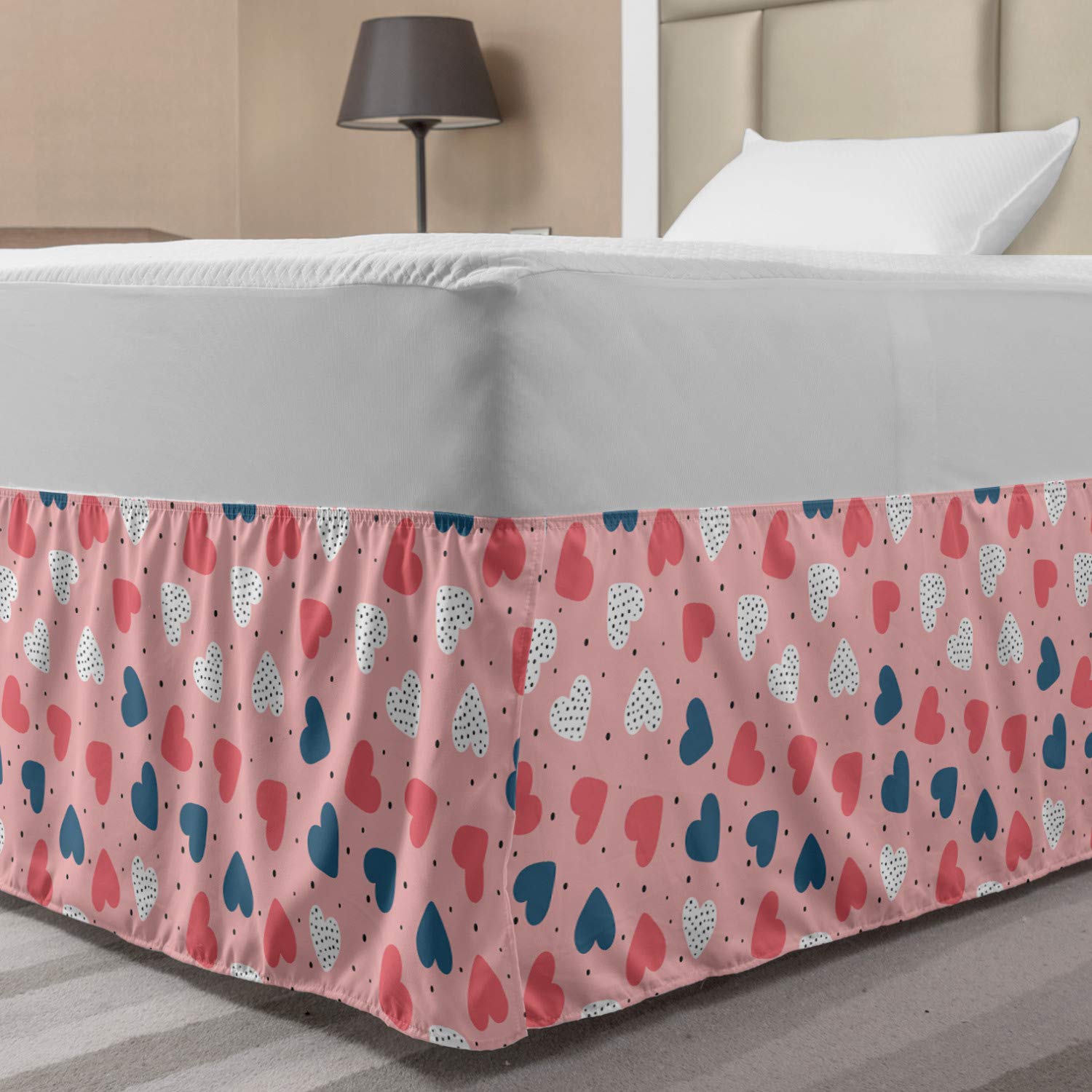 Ambesonne Valentine's Day Bed Skirt - Romantic Love Theme with Dotted Heart Motifs, Elastic Wrap Around Dust Ruffle for Full Size Beds, Pale Pink Coral | Perfect for Bedroom Decor, Anniversary Gifts & Couples' Romantic Home Styling