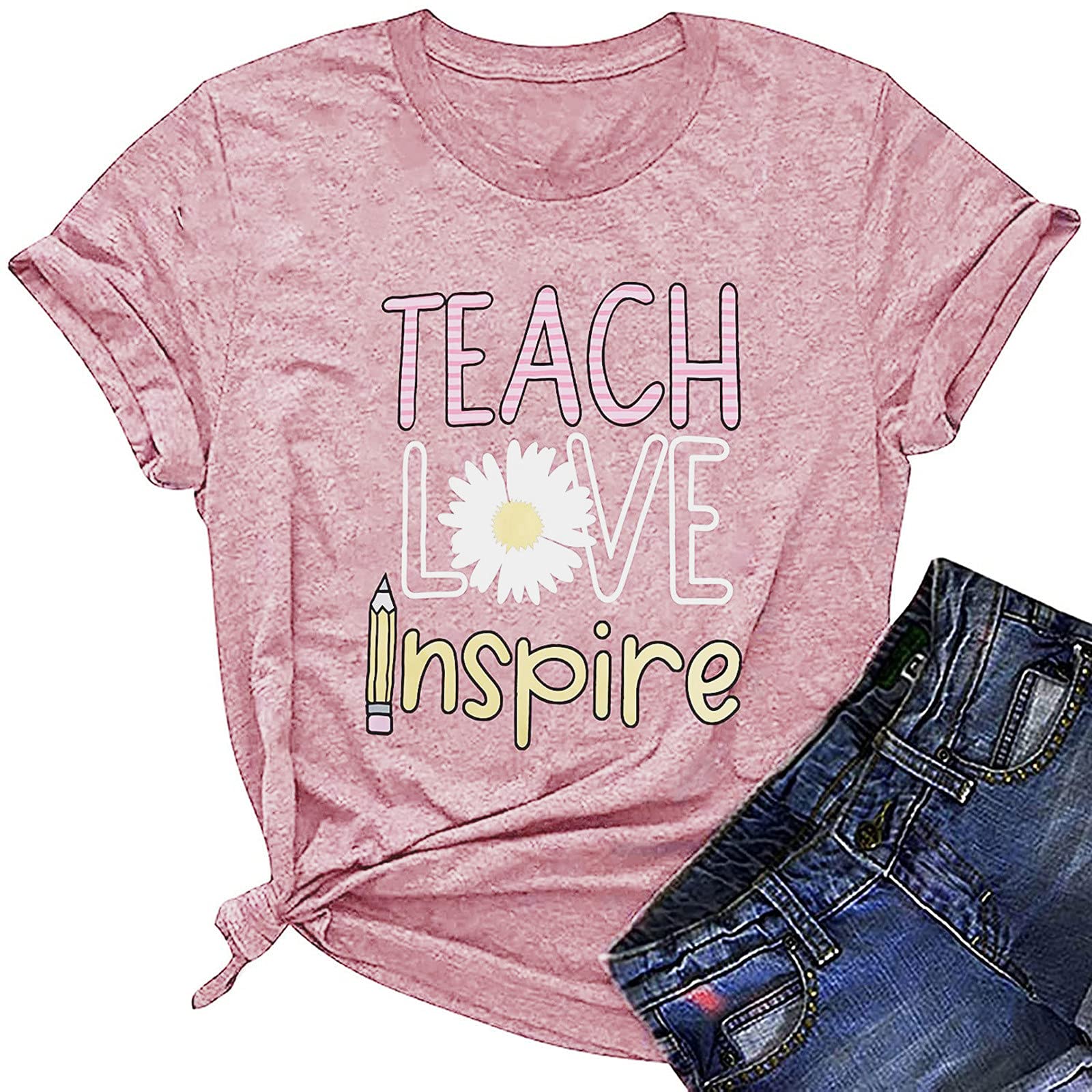 Oelaio Women's Casual Short Sleeve Teacher T-Shirts - Letter Printed Blouse Tops for Teacher's Day Gifts & School Apparel