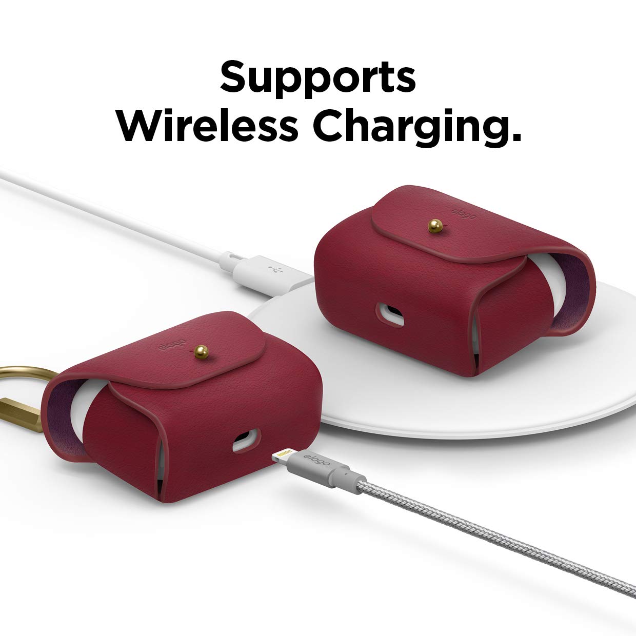 Premium Genuine Leather Case for AirPods Pro 2 & AirPods Pro - Luxury Protective Cover with Keychain & Brass Ring Holder (Red) - Perfect for Travel, Work & Everyday Use