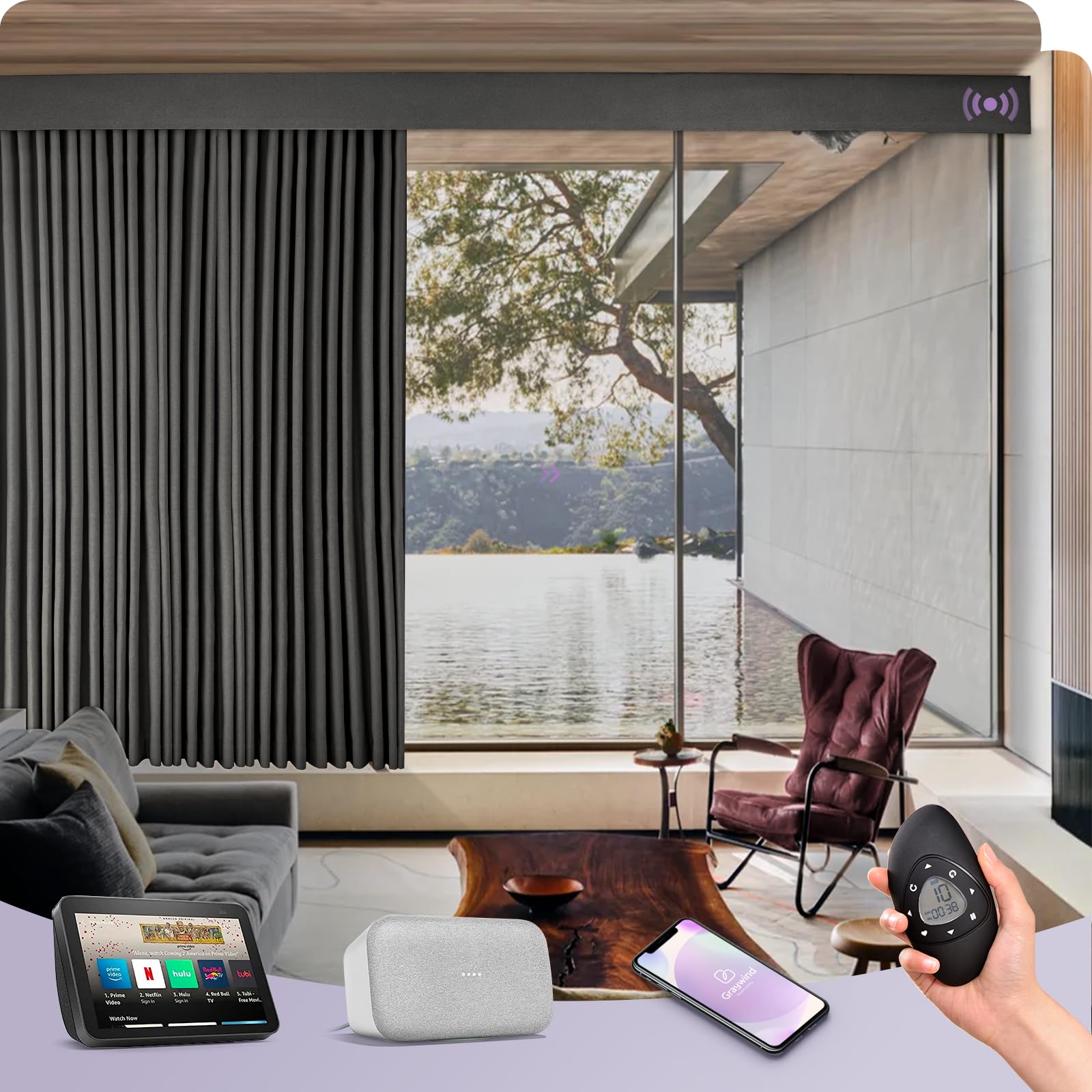 Graywind Smart Blackout Curtains - Motorized Hardwired Drapes with Remote & Alexa/Google Control for Sliding Doors, Thermal Insulated, One-Way/Split Draw, Custom Width up to 220