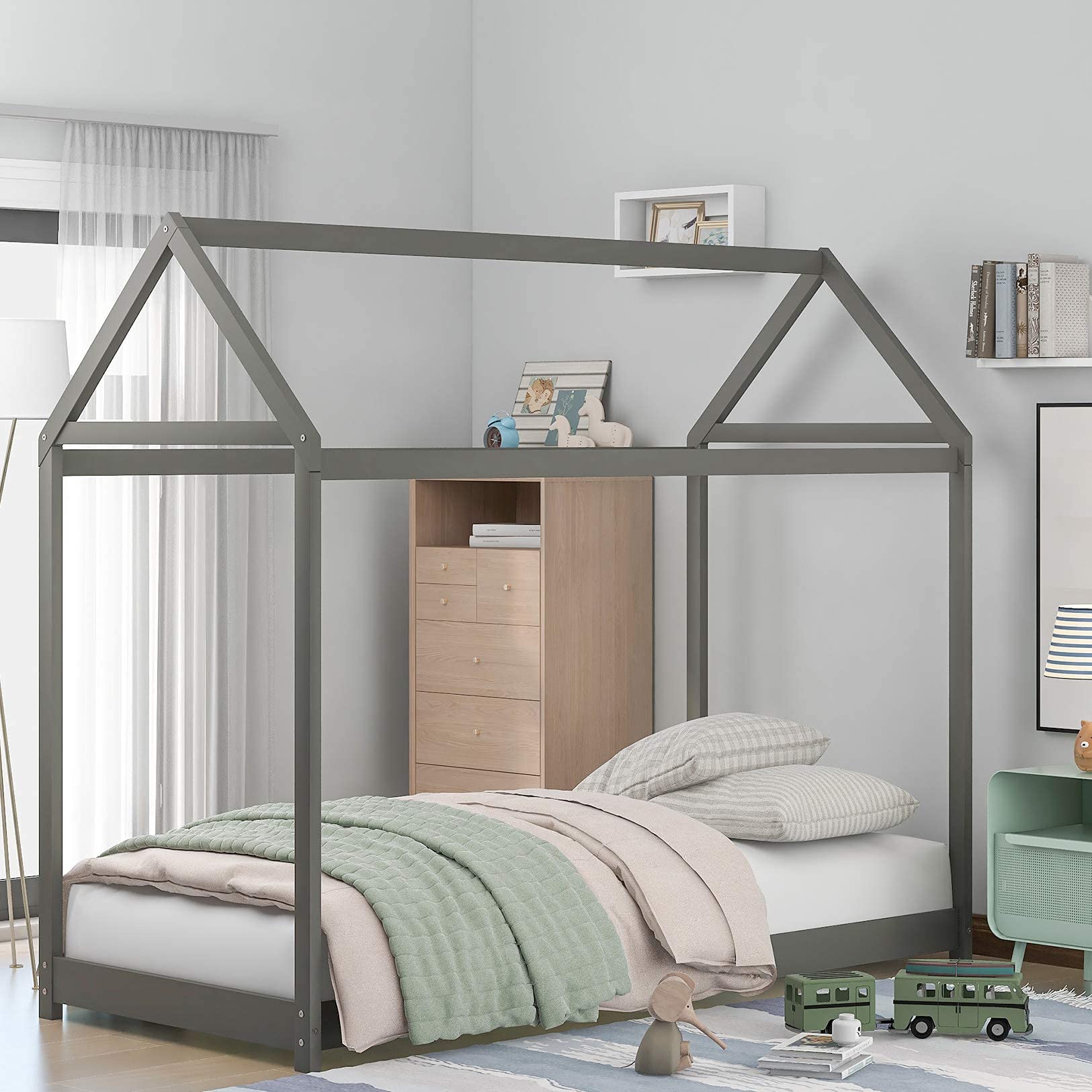 **MERITLINE Twin Size Kids House Bed Frame with Roof - Sturdy Wooden Loft Bed for Children, No Box Spring Needed (Grey) - Perfect for Playrooms, Bedrooms & Montessori Spaces**