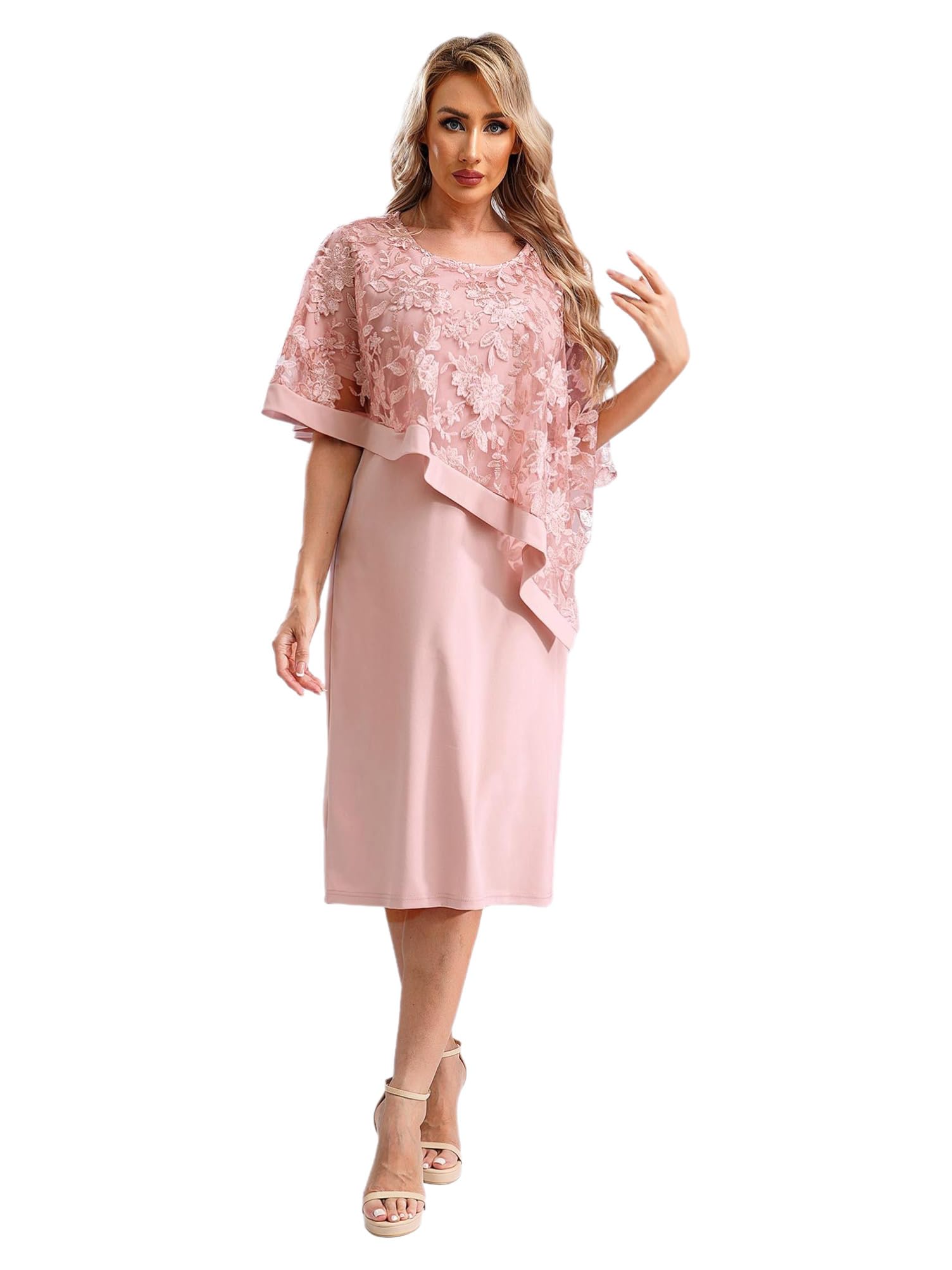 Elegant Plus Size Mother of The Bride Dress with Embroidery Lace - Formal Cocktail Midi Dress for Wedding, Bridesmaid Party & Special Occasions
