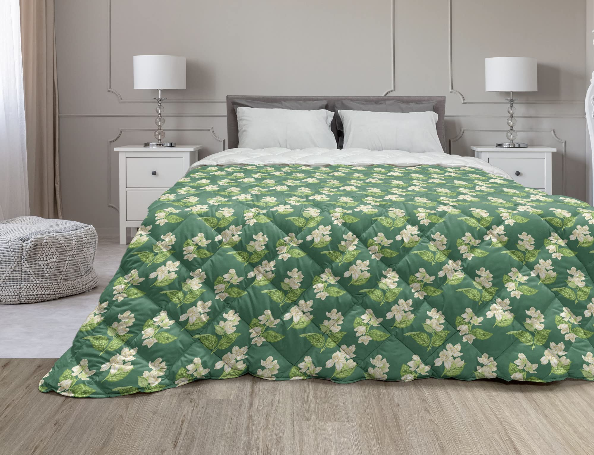 Ambesonne King Size Down Alternative Comforter - Jasmine Cartoonish Eggshell Flowers with Leaves Nature Art Design, All Season Microfiber Quilt in Jade Green Multicolor | Perfect for Spring Bedroom Decor, Guest Room & Cozy Home Styling