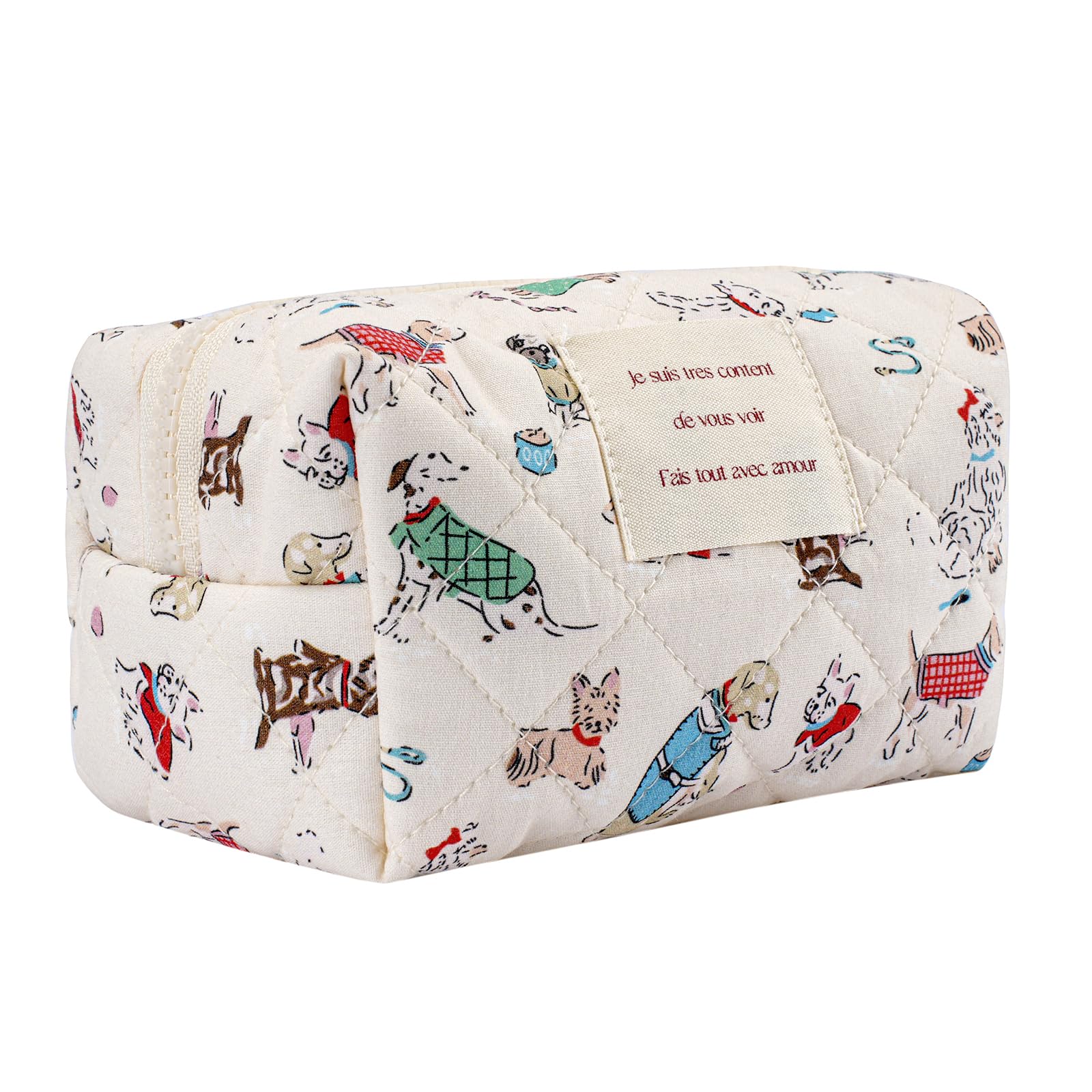 Mini Quilted Cotton Makeup Bag with Cute Animal Print - Large Capacity Cosmetic & Toiletry Organizer for Women & Girls (Mini Puppy Design) - Perfect for Travel, Gym, and Daily Essentials Storage
