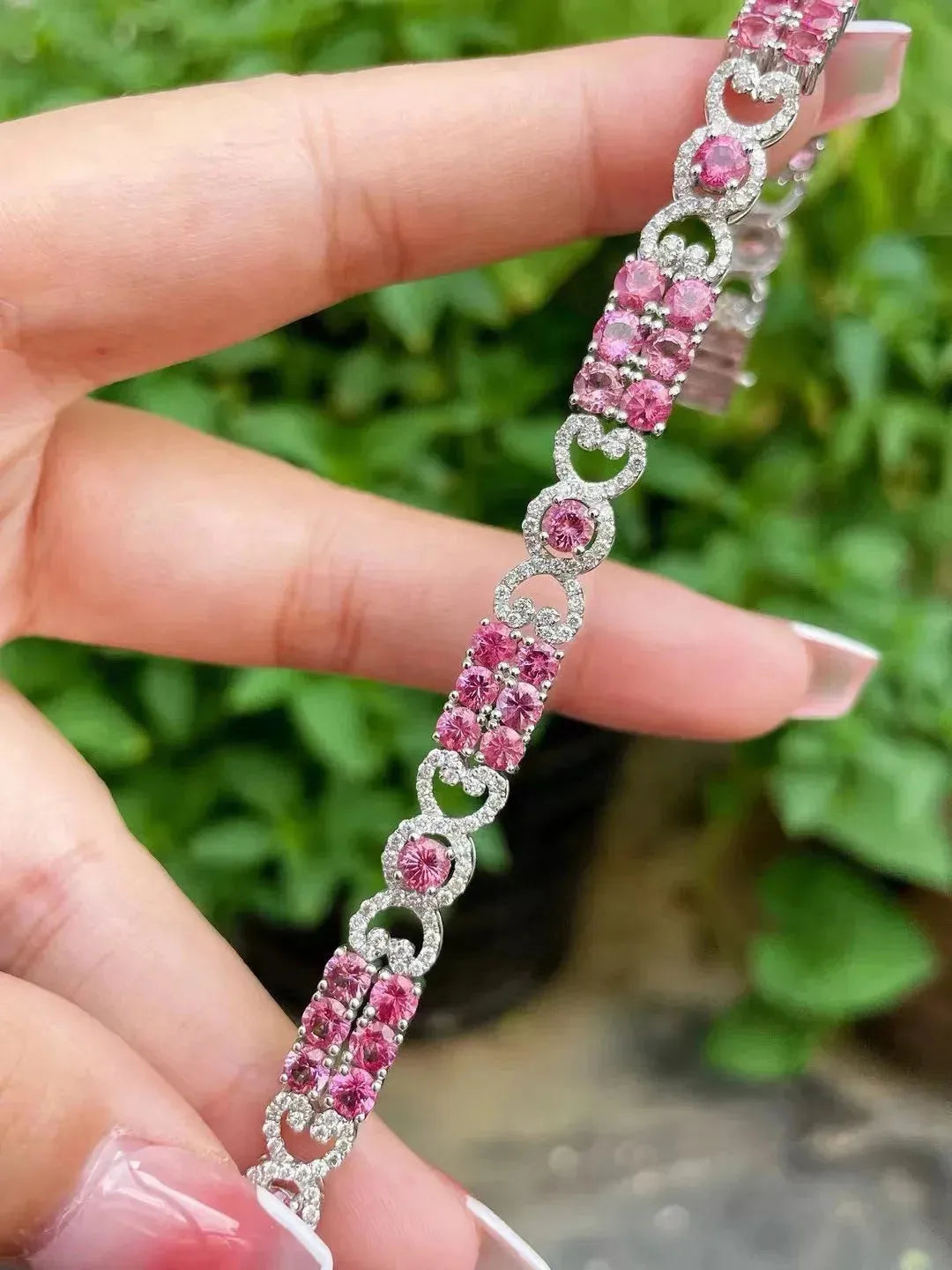 18K White Gold Natural Pink Spinel Bracelet with Diamonds - Classic Luxury Genuine Fine Jewelry for Women | Perfect for Weddings, Parties & Special Occasions | Free Shipping