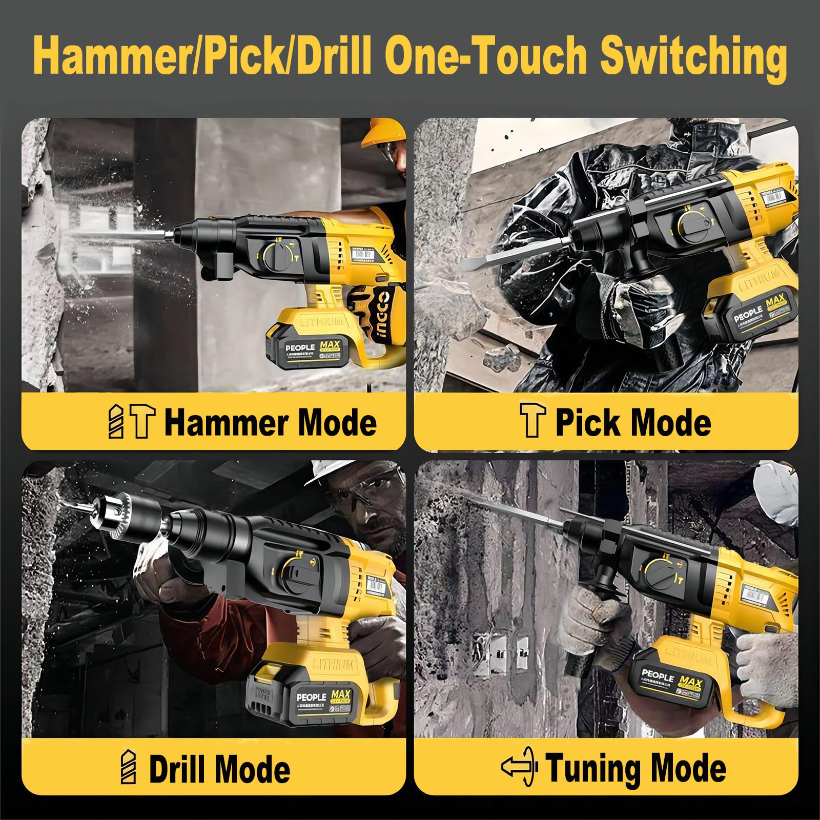 DEWALT 20V MAX Cordless Rotary Hammer Drill - Brushless SDS Hammer Drill with Safety Clutch for Concrete & Masonry - 4 Modes, 360° Auxiliary Handle & 4 Drill Bits (Battery Not Included) - Perfect for Construction, Demolition, and DIY Home Projects