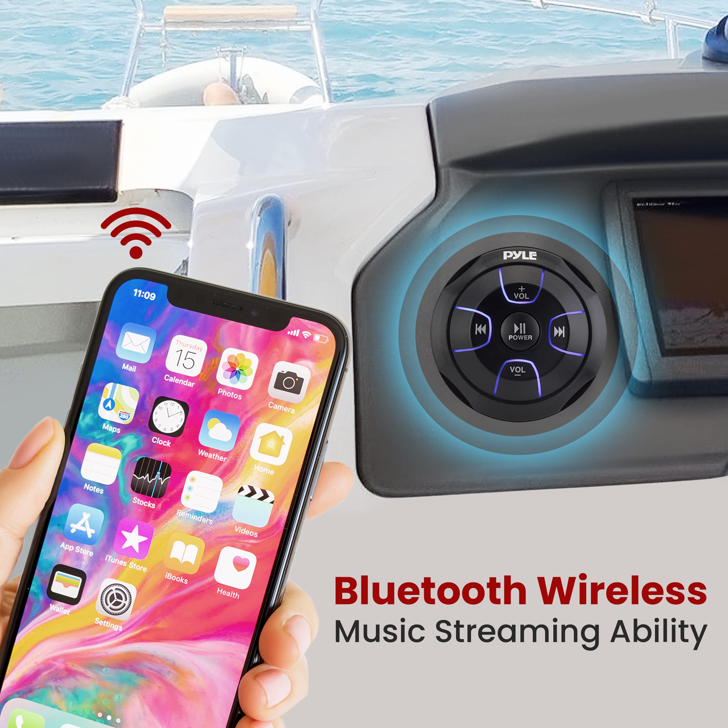 Pyle Waterproof Bluetooth Marine Amplifier Receiver - 600W 2 Channel Weatherproof Wireless Stereo Speaker Amp with RCA, AUX & MP3 Inputs - Ideal for Boats, Outdoor Events & Marine Audio Systems (Black)