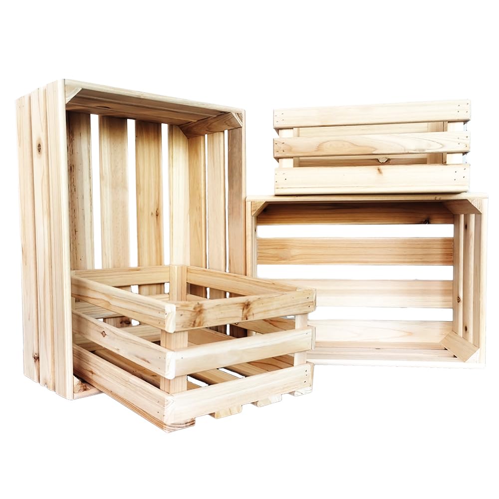 4-Pack Wooden Crates for Storage & Display - Organize Books, Artwork, Wine, Milk, Outdoor Tools & Picnic Supplies | Creative Flower Stand & Shop Display Rack for Home, Garden & Retail Use