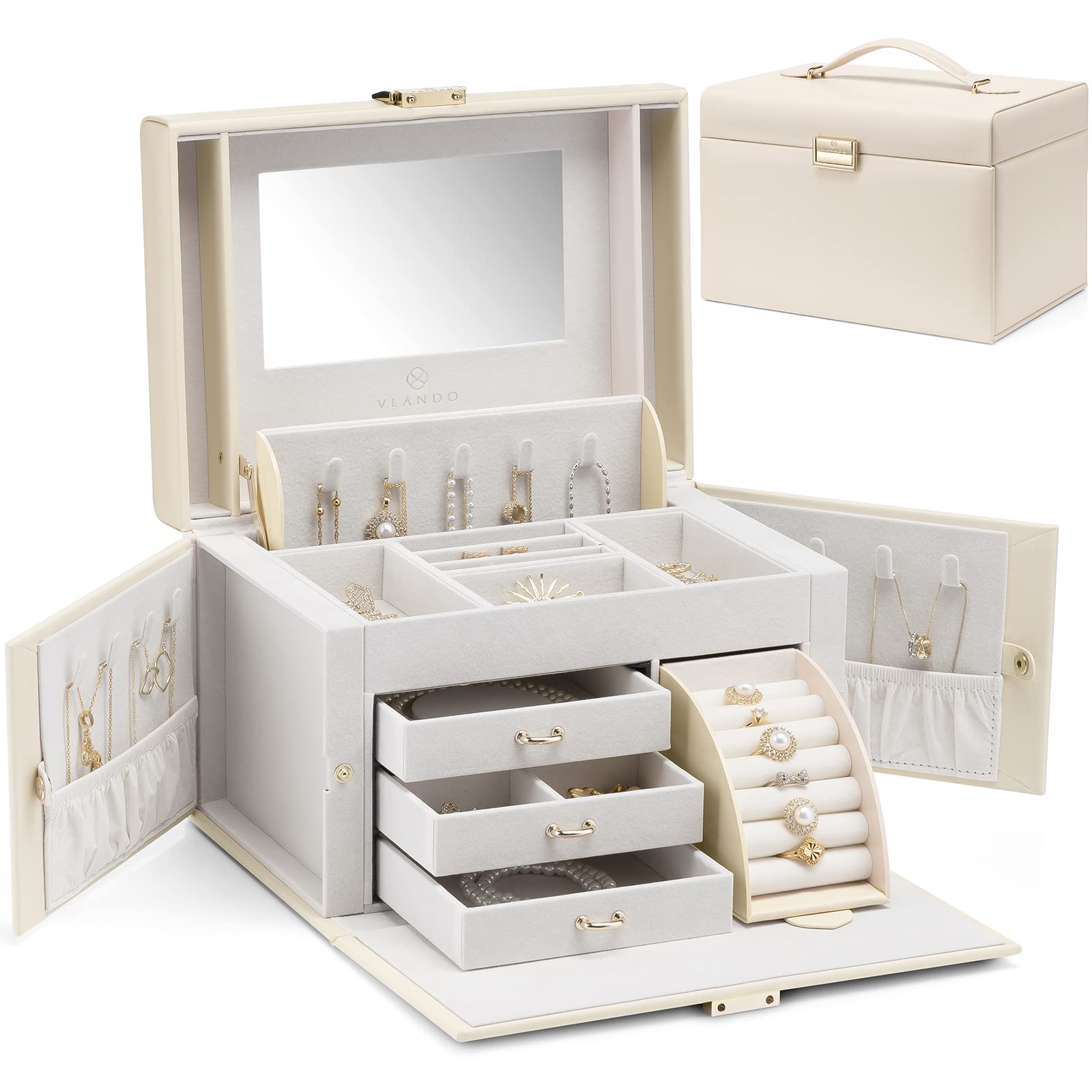 Vlando Large Baroque Jewelry Box with Mirror - Jewelry Organizer for Women & Girls, Multi-Drawer Storage for Bracelets, Earrings, Rings, Necklaces | Perfect Mother's Day Gift, Birthday Present for Her | Elegant Apricot White Design for Bedroom, Dresser & Vanity Decor
