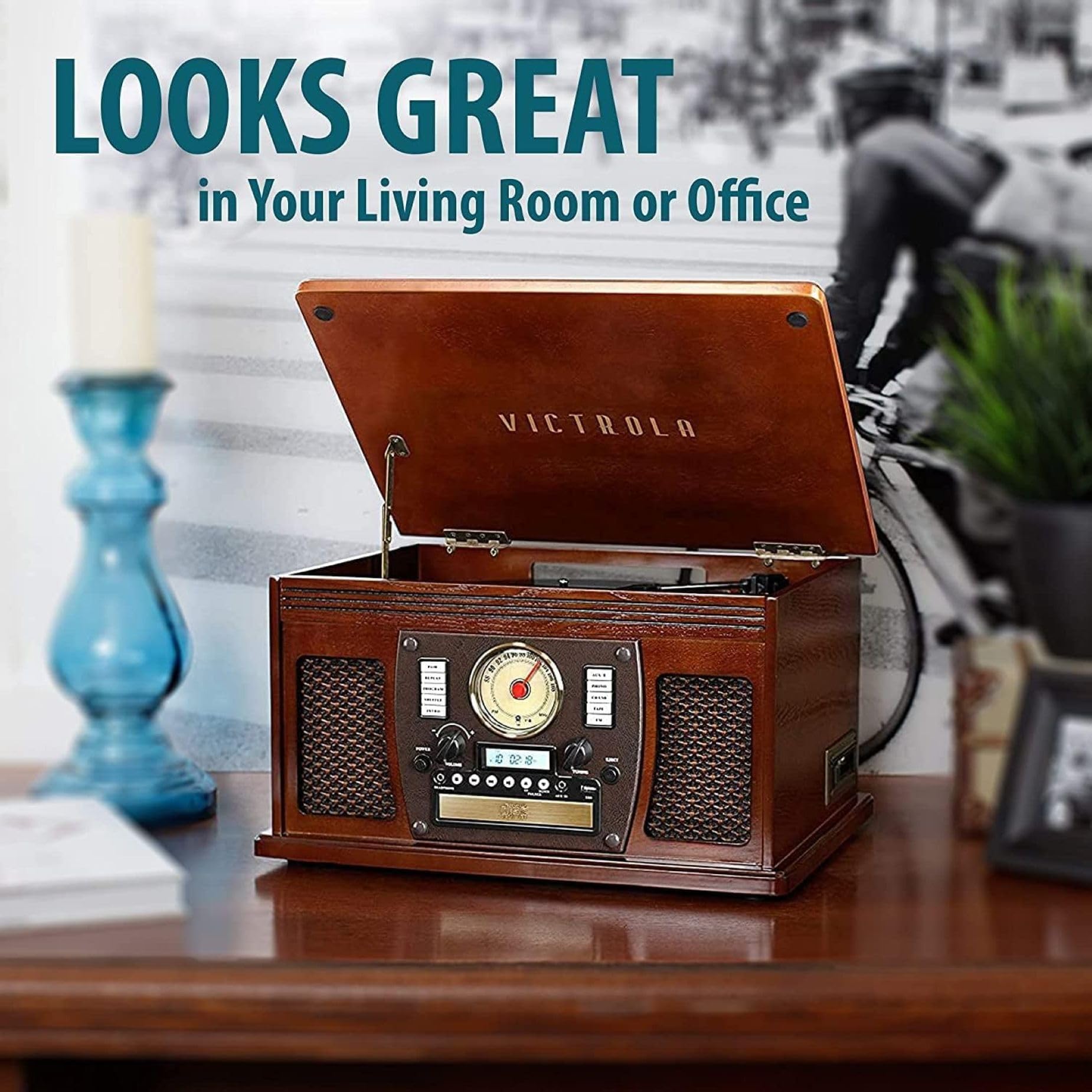 Victrola Aviator 8-in-1 Bluetooth Record Player & Multimedia Center with Built-in Stereo Speakers - 3-Speed Turntable, Vinyl to MP3 Recording, Wireless Music Streaming, Mahogany Finish | Perfect for Home Entertainment, Vinyl Collectors & Music Lovers