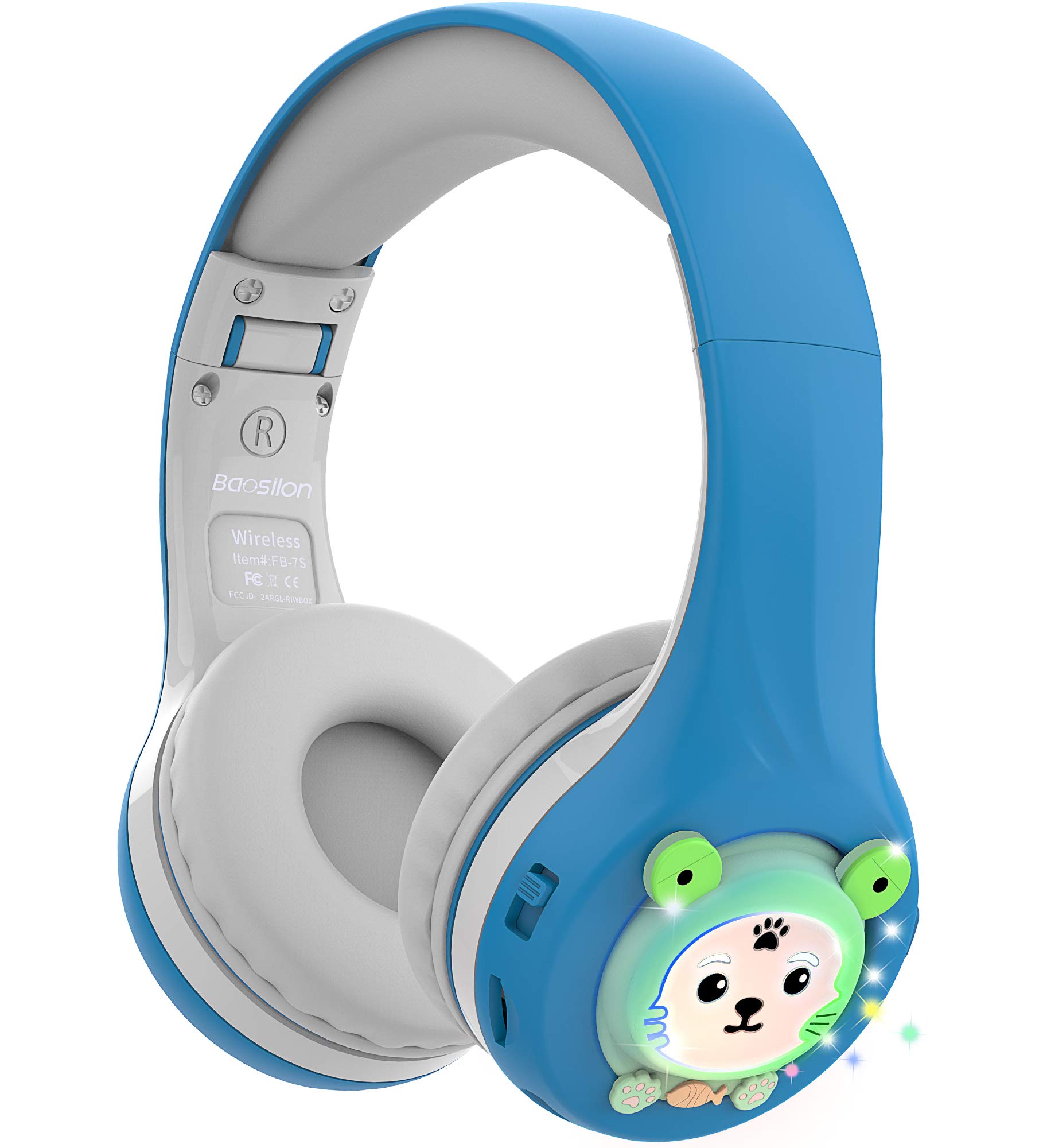 Riwbox FB-7S Bluetooth Headphones for Kids with LED Lights - Volume Limited Safe 75/85/95dB, Built-in Mic & TF Card Slot - Over-Ear Wireless Headset for School, Online Classes, Gaming & Travel (Blue & Grey)
