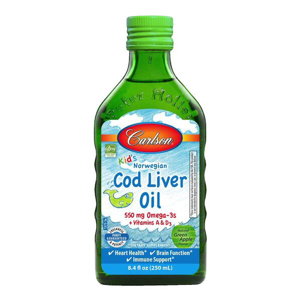 Carlson Labs Kids Cod Liver Oil Supplement - 550mg Omega-3s, Natural Green Apple Flavor, 250ml Bottle - Supports Brain Development & Immune Health for Children - Perfect for Daily Nutrition & Picky Eaters
