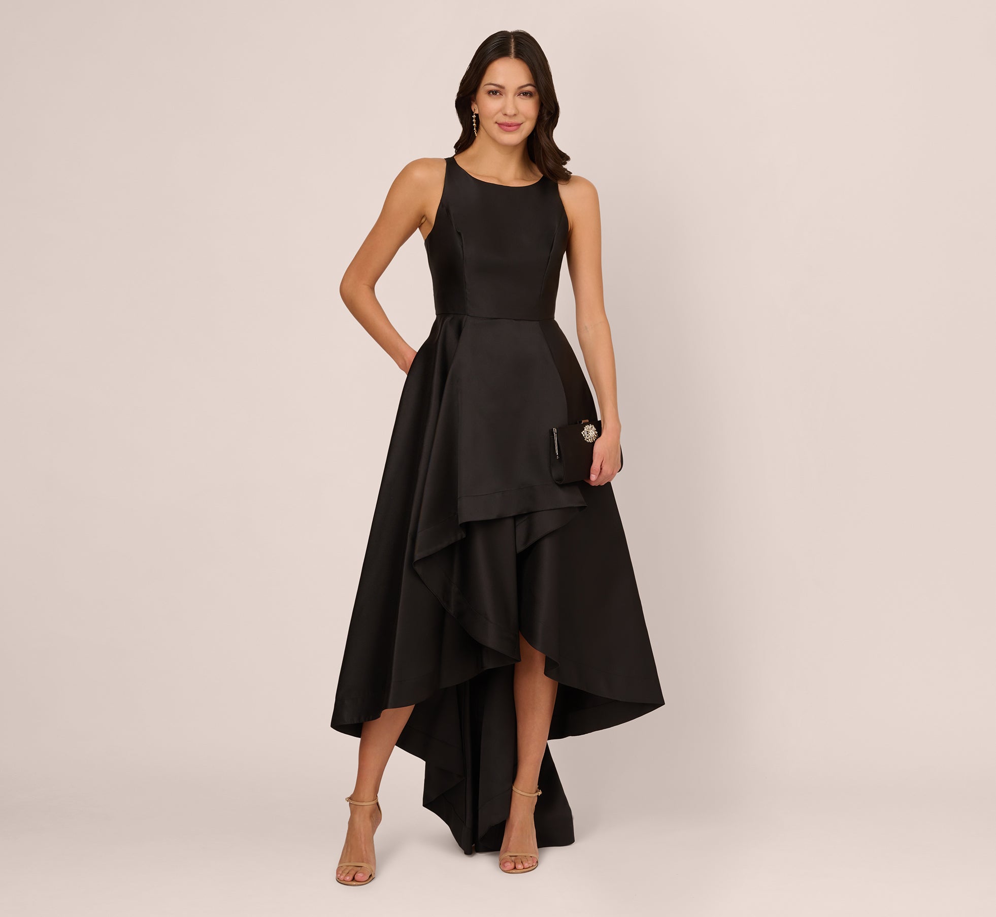 Elegant Black High Low Mikado Gown with Asymmetrical Detail - Perfect for Evening Galas, Prom Dresses & Formal Weddings