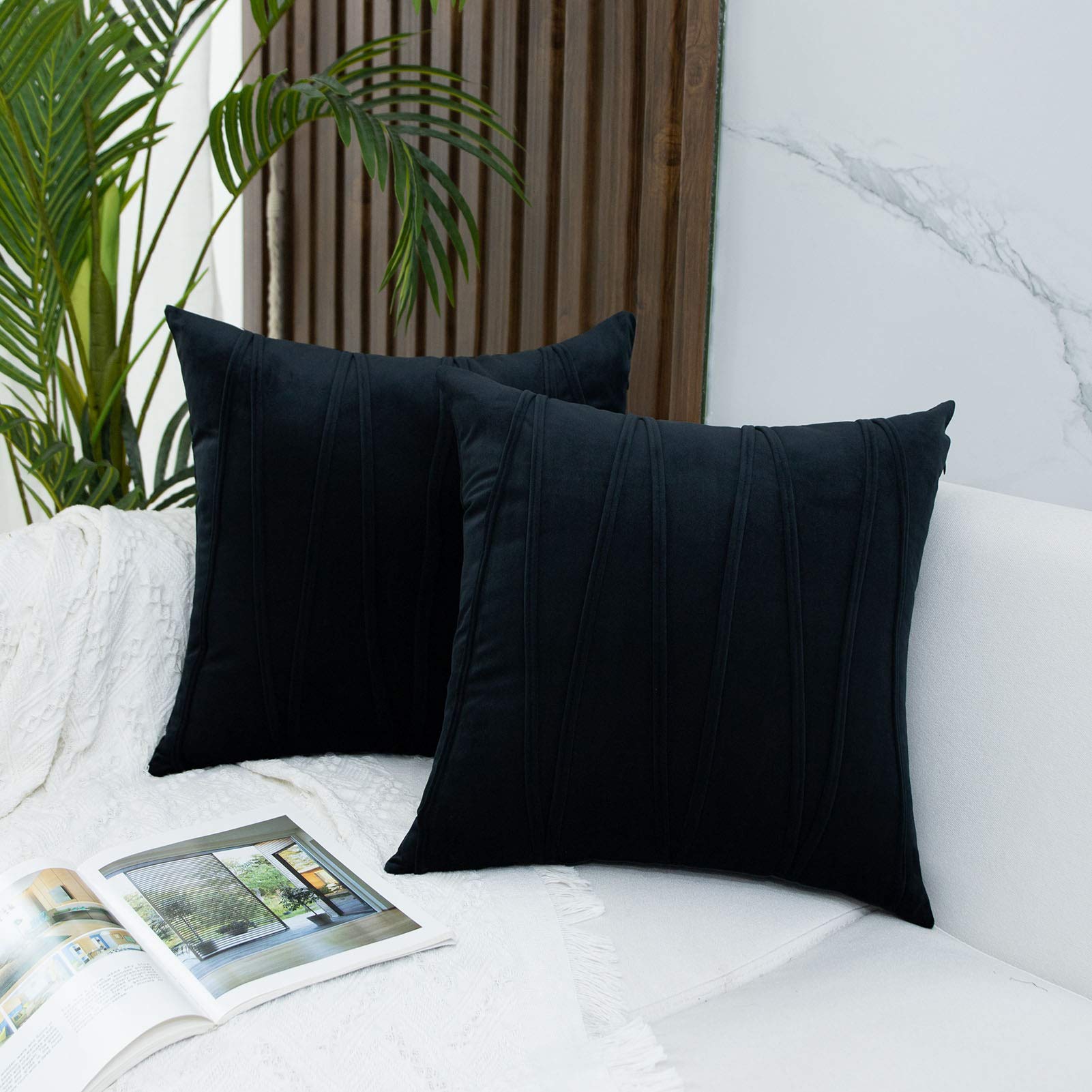 JUSPURBET 16x16 Inch Decorative Velvet Throw Pillow Covers - Pack of 2 Soft Striped Cushion Covers for Sofa, Couch, Bed - Black Velvet Pillow Cases - Perfect for Living Room, Bedroom & Home Decor