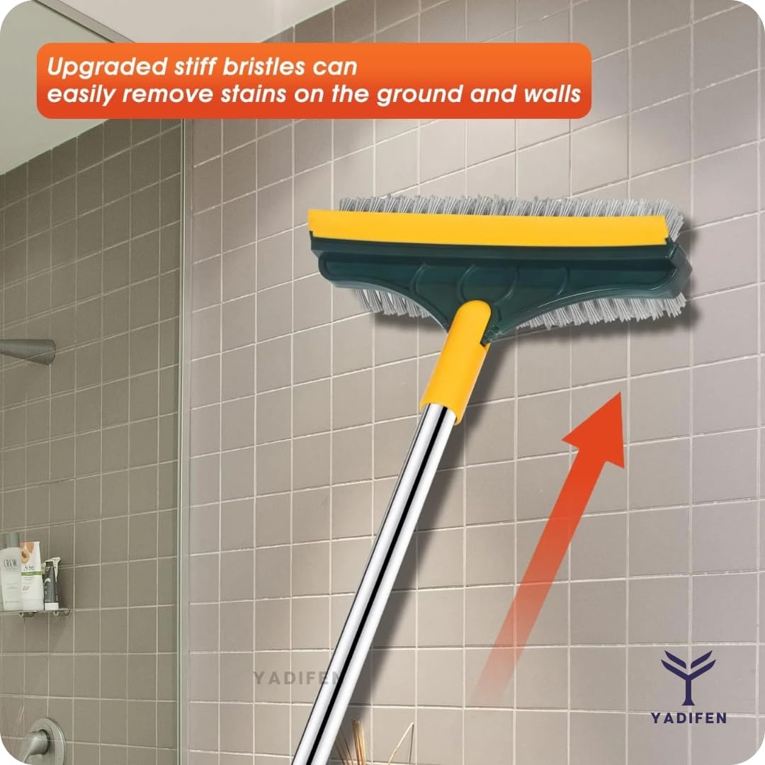 YADIFEN 3-in-1 Bathroom Cleaning Brush with Wiper, Tile & Floor Scrubber - Long Handle 180° Rotating Brush for Shower, Bathtub & Bathroom Tiles - Perfect for Deep Cleaning Grout, Walls & Hard-to-Reach Areas