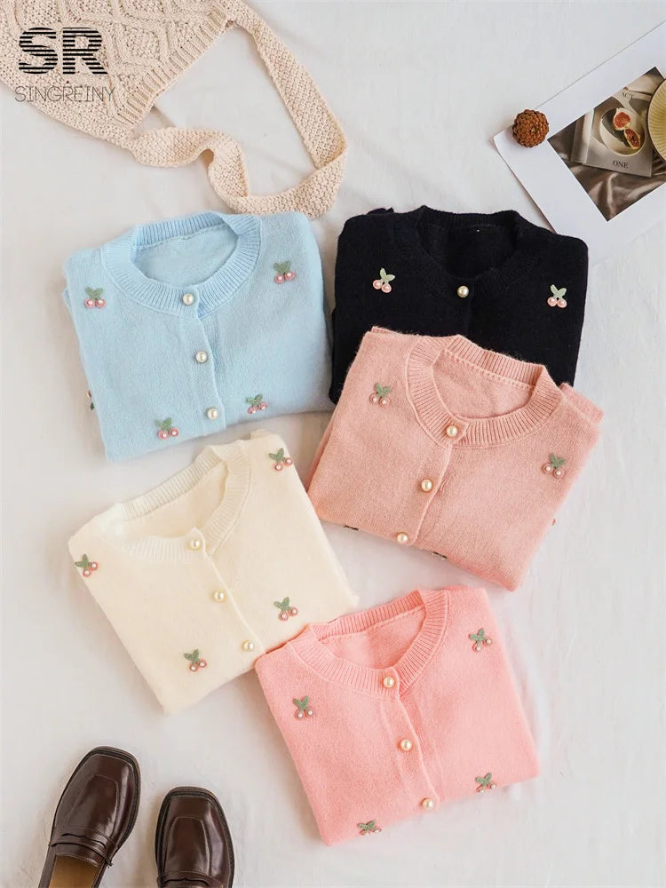 Cherry Beading Design Sweater for Women - Elegant Knit Pullover with Floral Embroidery - Perfect for Casual Outings, Office Wear & Date Nights