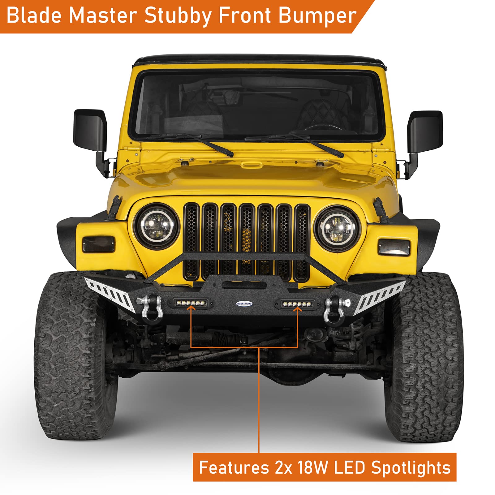 Stubby Front Bumper with Winch Plate, LED Lights & D-Rings for 1987-2006 Jeep Wrangler YJ & TJ Models - Off-Road Adventure & Trail Riding Upgrade