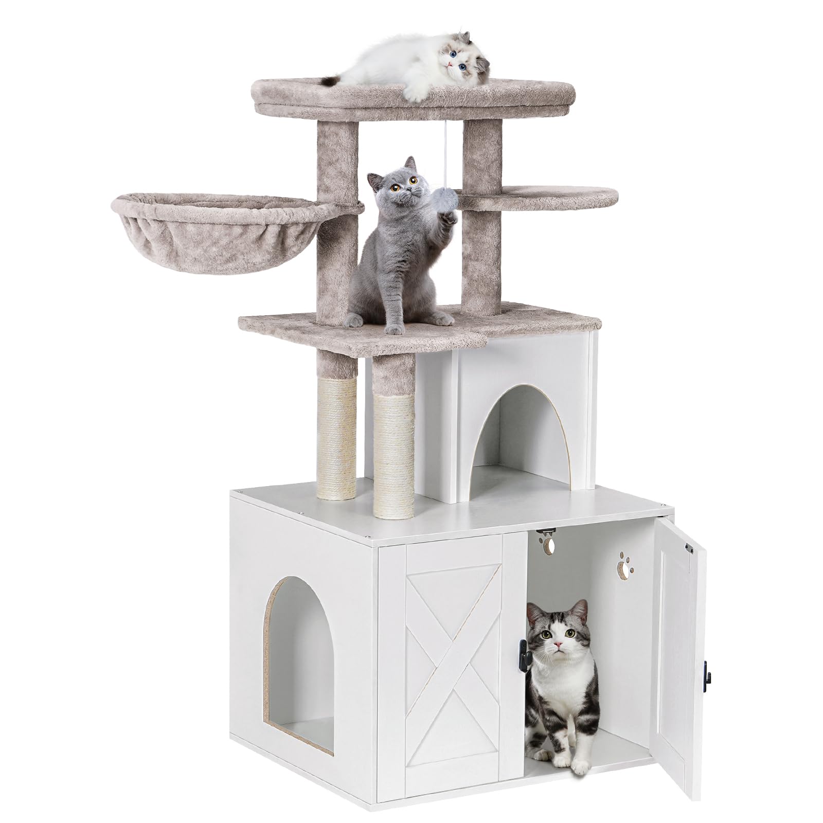 Snughome Wooden Cat Litter Box Enclosure with Cat Tree Tower & Condo - Hidden Cat Washroom Furniture with Sisal Scratching Post, Soft Plush Perch & Multiple Platforms - White - Perfect for Small Spaces & Multi-Cat Homes