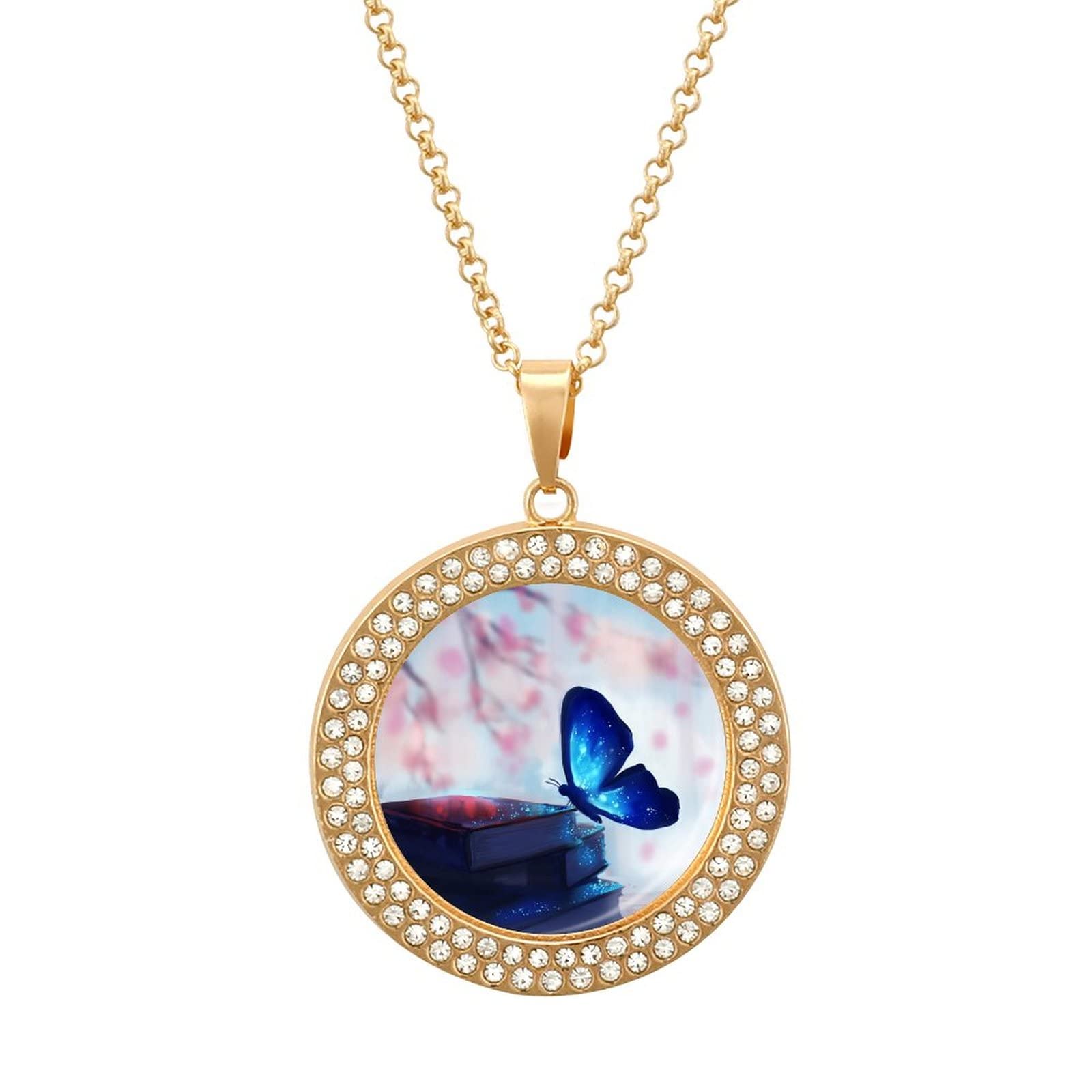 Blue Butterfly Multicolor Alloy Diamond Necklace for Women - Elegant Round Pendant Jewelry for Parties, Weddings & Special Occasions