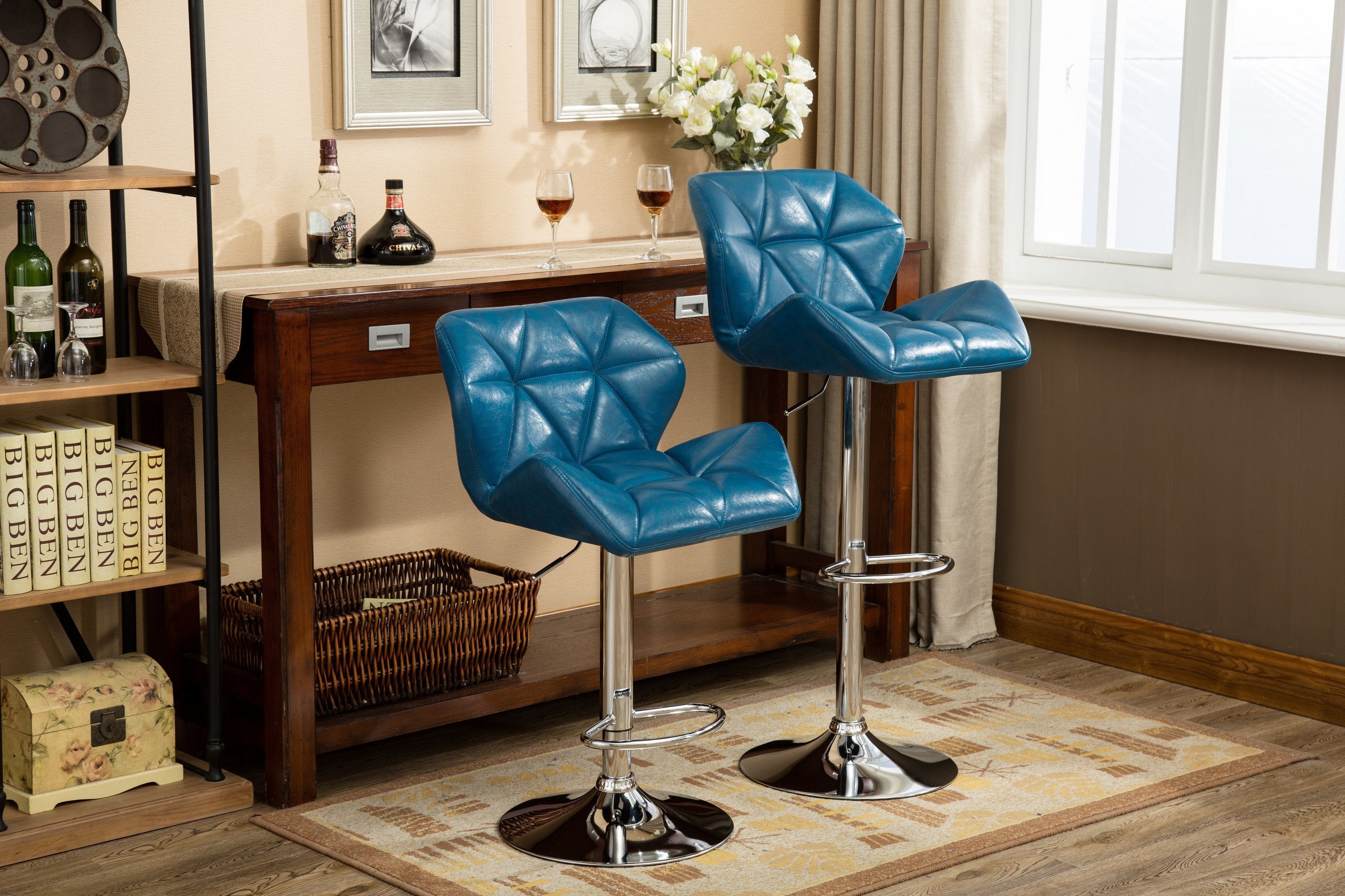 Roundhill Furniture Glasgow Contemporary Tufted Adjustable Height Hydraulic Bar Stools, Blue, Set of 2 - Perfect for Kitchen Islands, Home Bars & Modern Dining Areas
