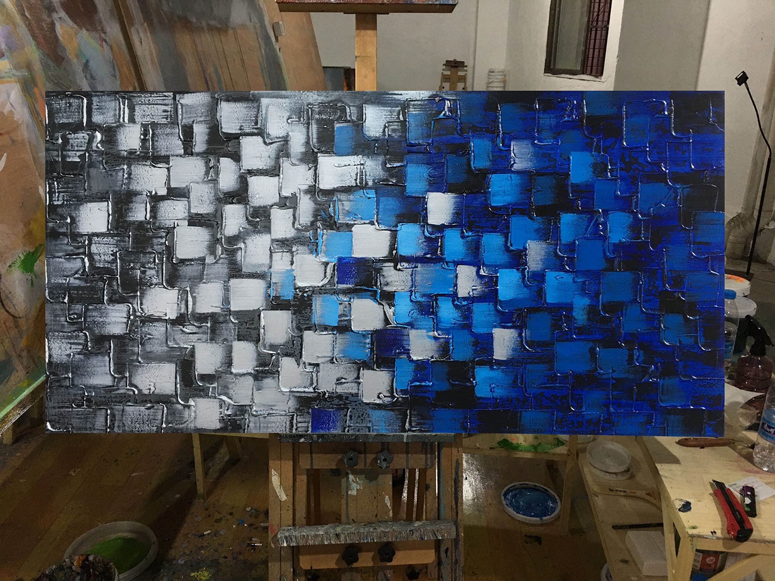 Large Textured Abstract Canvas Wall Art - Hand Painted Modern Dark Blue & Silver Squares Oil Painting - 60x30 Inch Framed Ready to Hang - Perfect for Living Room, Bedroom & Office Decor