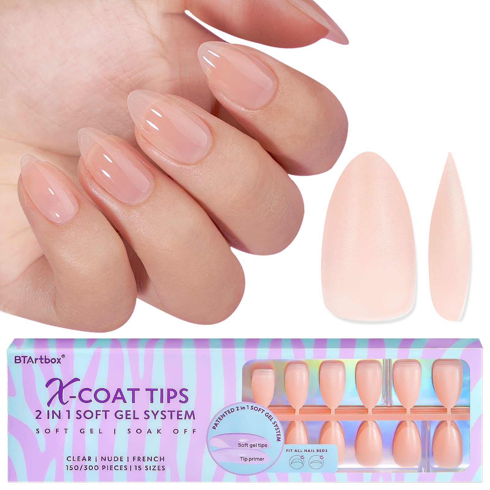 BTArtbox 150pcs Short Almond Nail Tips - Soft Gel Press On Nails with 15 Sizes, Pre-Colored Full Cover Nail Extensions for Nail Art | Perfect for Salon, Home Manicure & Special Occasions