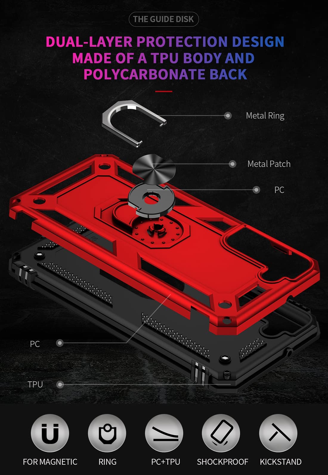 Military Grade Heavy Duty Armor Case for Samsung Galaxy S22 5G (SM-S901U) with Tempered Glass Screen Protector & Magnetic Metal Ring - Shockproof Protective Cover in Red | Perfect for Outdoor, Work & Travel