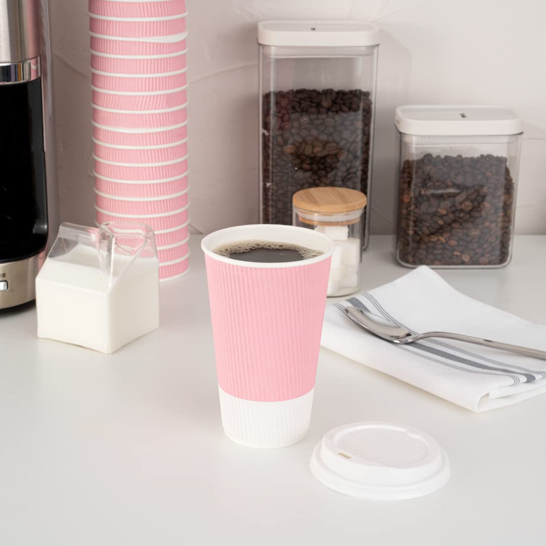16oz Disposable Paper Coffee Cups - 25 Pack Leakproof Ripple Wall Hot Cups, Recyclable & Insulated Light Pink - Perfect for Coffee Shops, Offices & Catering Events - Lids Sold Separately