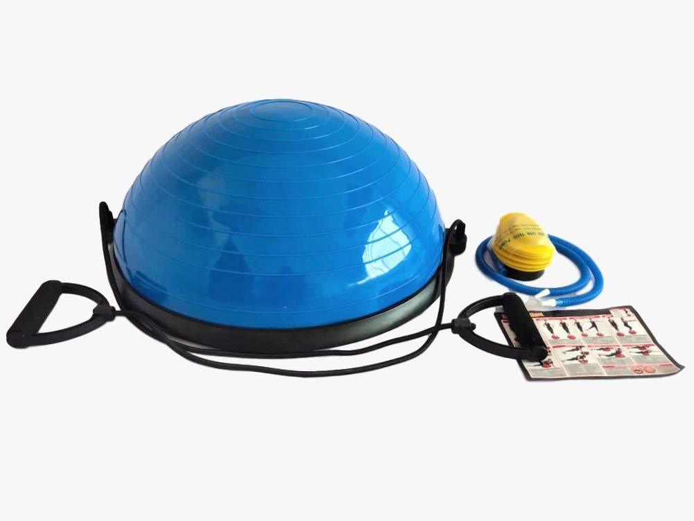 23” Blue Balance Trainer Half Ball - Extra Thick Yoga Stability Ball for Home Workouts & Physical Therapy (Supports 330LB) with Resistance Bands & Foot Pump - Perfect for Yoga, Gym Fitness, Strength Training & Rehabilitation Exercises