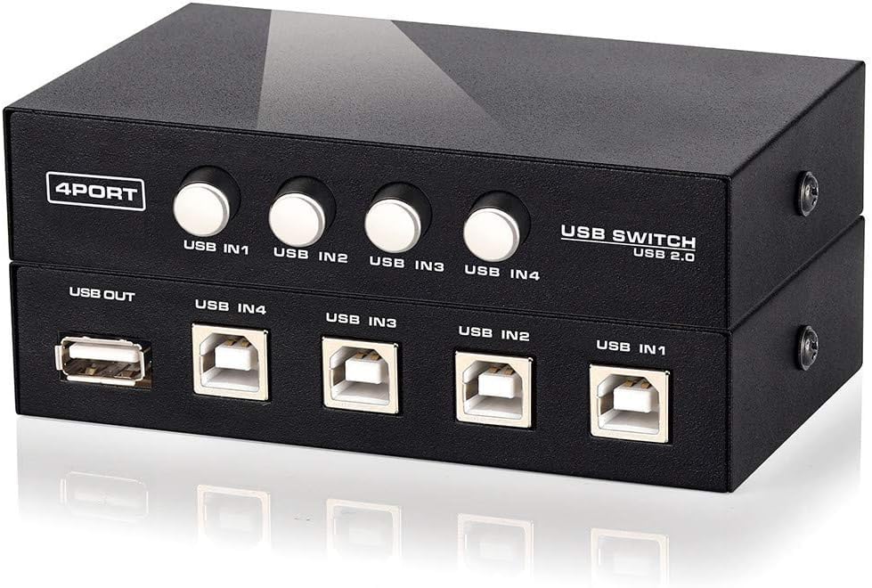 4-Port USB 2.0 Manual Sharing Switch Hub - Metal Case Adapter for Printer, Scanner, Camera & Keyboard | Multi-Computer USB Device Sharing Solution for Home & Office Use