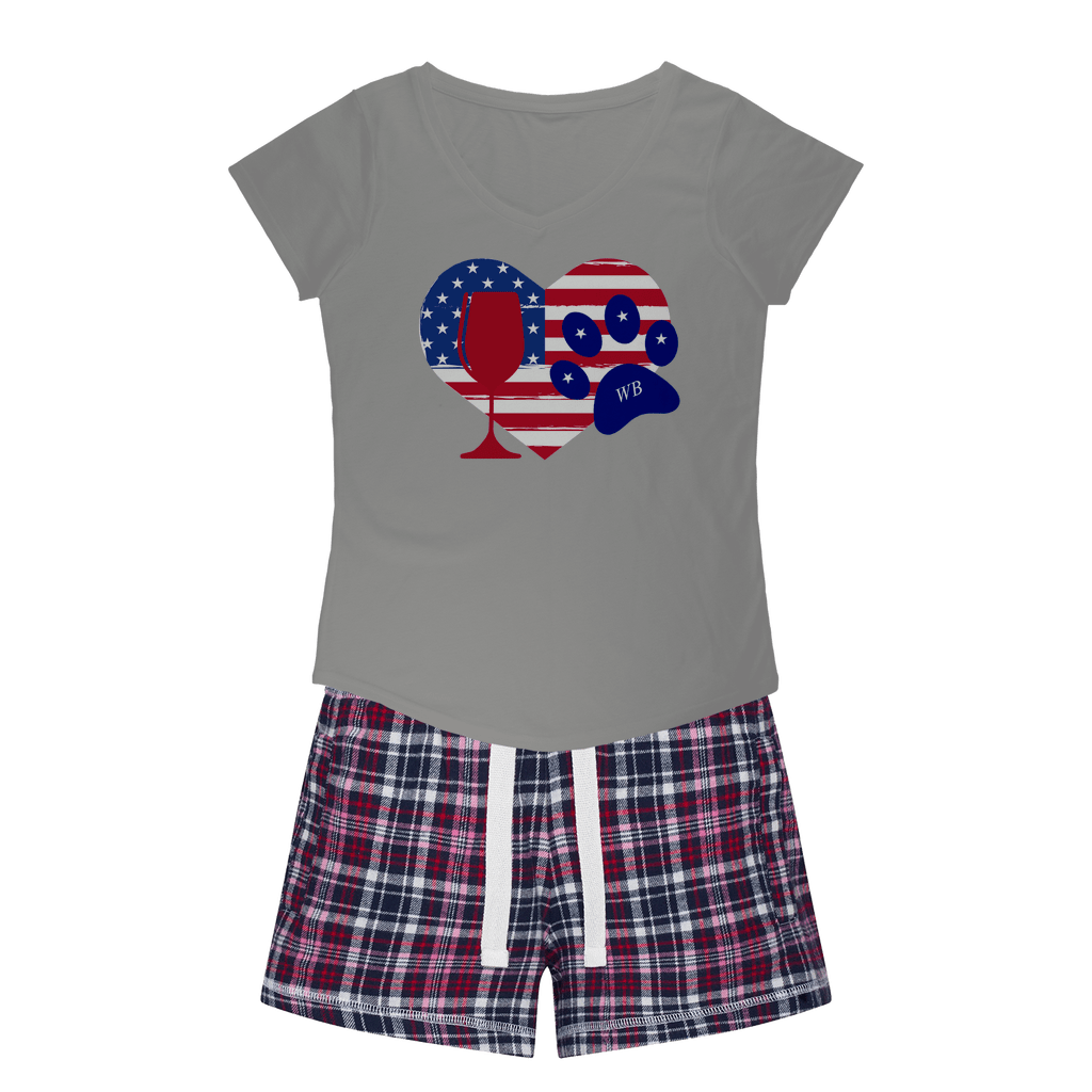 WineyBitches.Co American Wine Heart Paw Print Sleep T-Shirt & Flannel Shorts Set - Cute Pajamas for Women, Girls Night In, Wine Lovers Gift