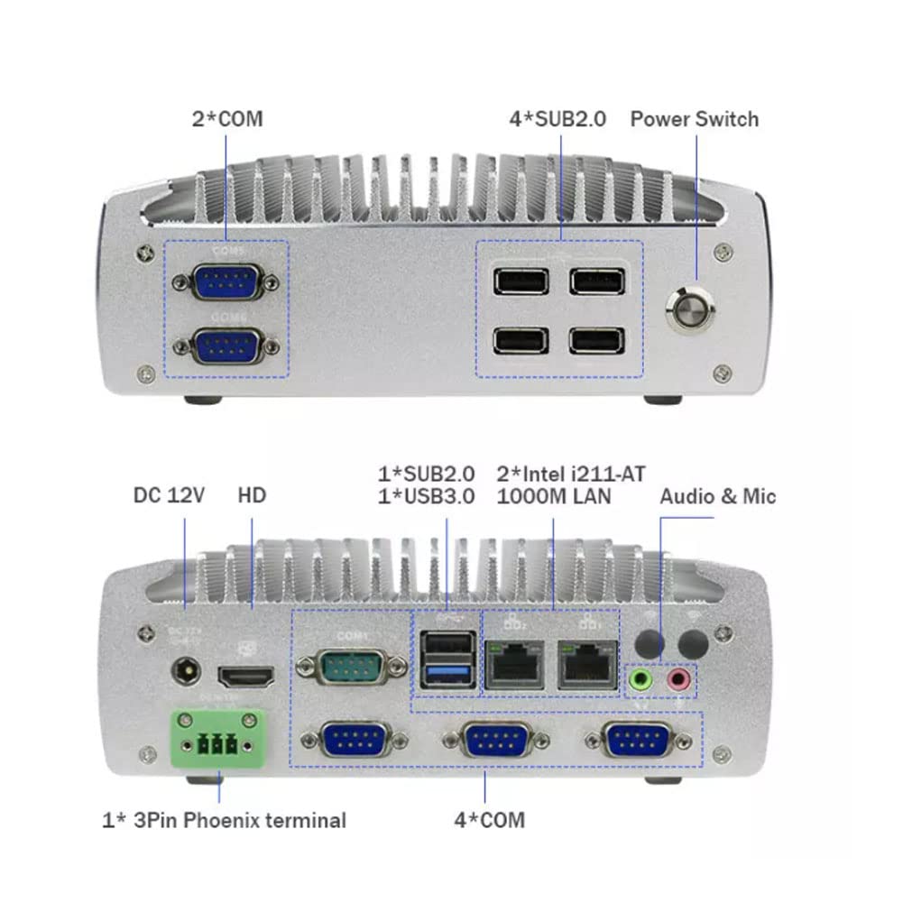 Fanless Industrial Mini PC - Windows 10 Pro, Intel Celeron J1900 Quad-Core, Dual LAN, 6 COM Ports (RS232/RS485), 6 USB Ports - Ideal for Digital Signage, Factory Automation & Embedded Systems (Barebone - No RAM/Storage)