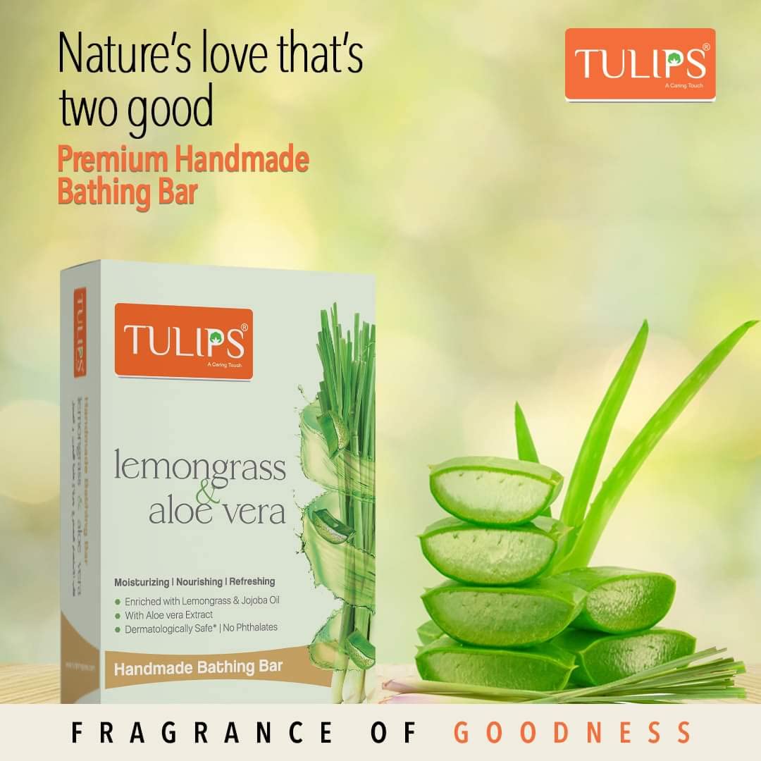 TULIPS Moisturizing Handmade Soap Bar with Lemongrass & Aloe Vera - Pack of 4 | Natural Skin Nourishing, Refreshing Bath & Shower Soap for Dry Skin Care | Perfect for Daily Use, Spa Days & Gift Giving