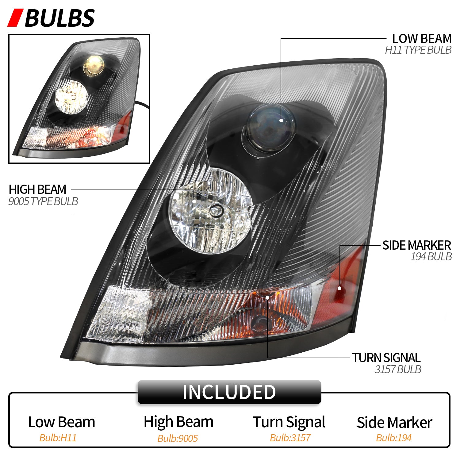 2004-2017 Volvo VNL Black Headlight Assembly with Halogen Bulbs - Driver Side Replacement | Perfect for Night Driving & Truck Maintenance