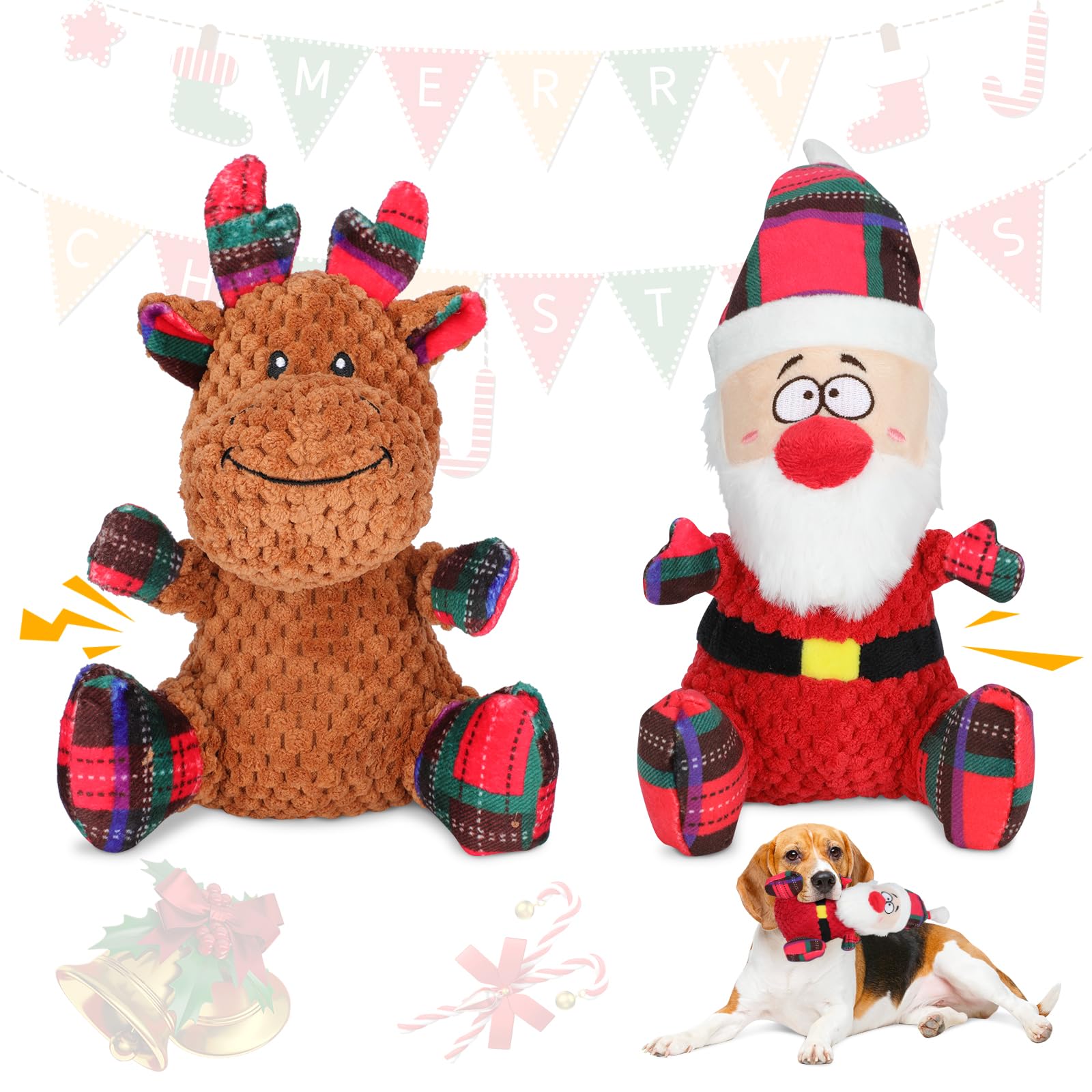 Christmas Dog Toys - 2 Pack Plush Squeaky Chew Toys with Santa & Reindeer Shapes, Interactive Puppy Toys for Small & Medium Dogs | Perfect for Holiday Playtime, Training Rewards & Dog Gift Ideas