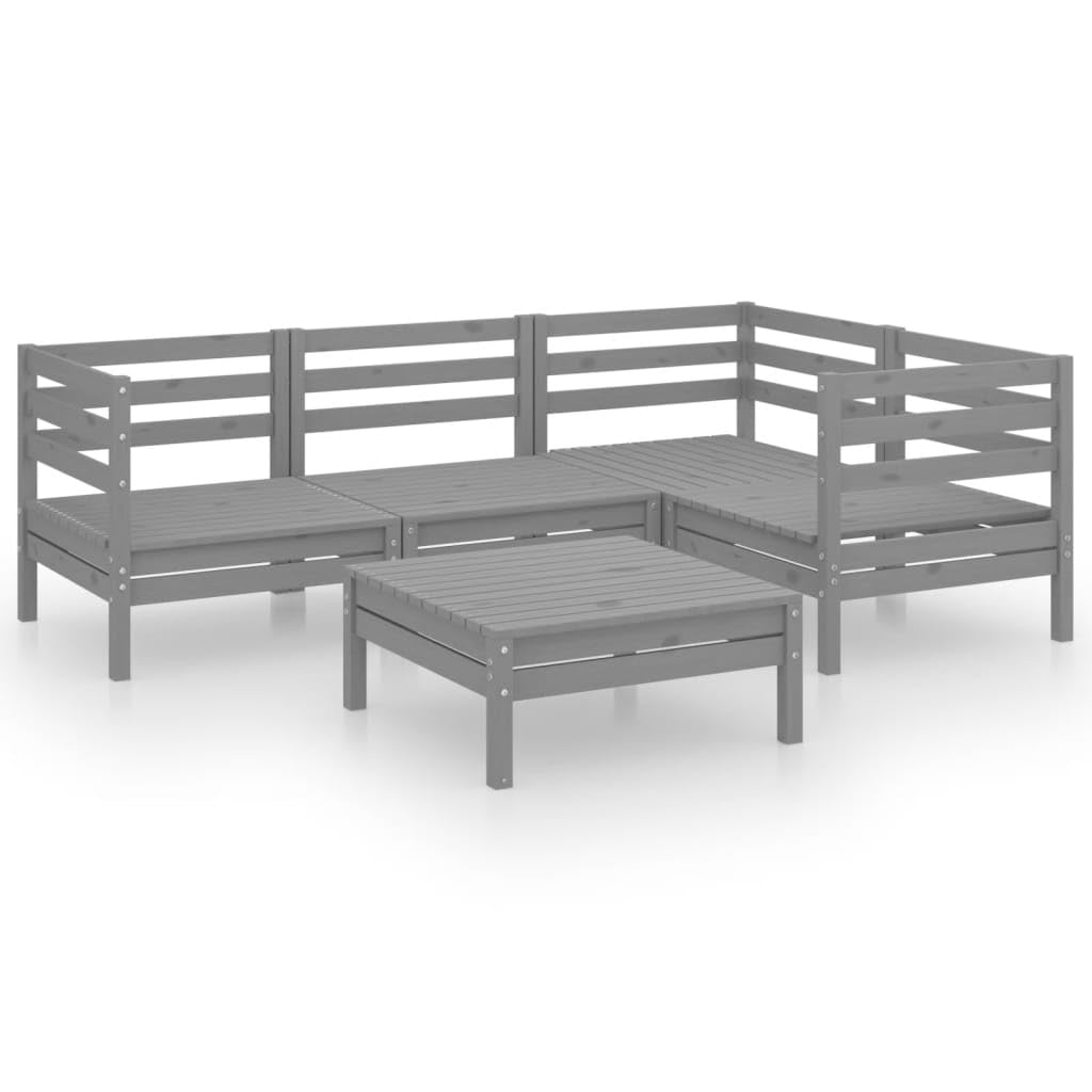 vidaXL 5-Piece Solid Pinewood Patio Lounge Set - Gray Outdoor Garden Furniture for Backyard, Terrace & Poolside Relaxation | Durable Wooden Sofa Seating with Chairs