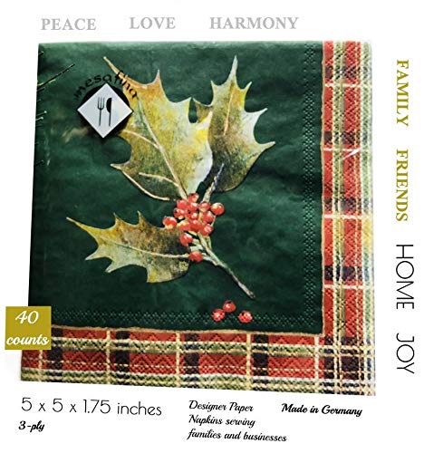 40-Count 5x5 Holly Christmas Napkins - Decorative Holiday Dinner & Cocktail Paper Napkins for Christmas Parties, Decoupage, and Beverage Service