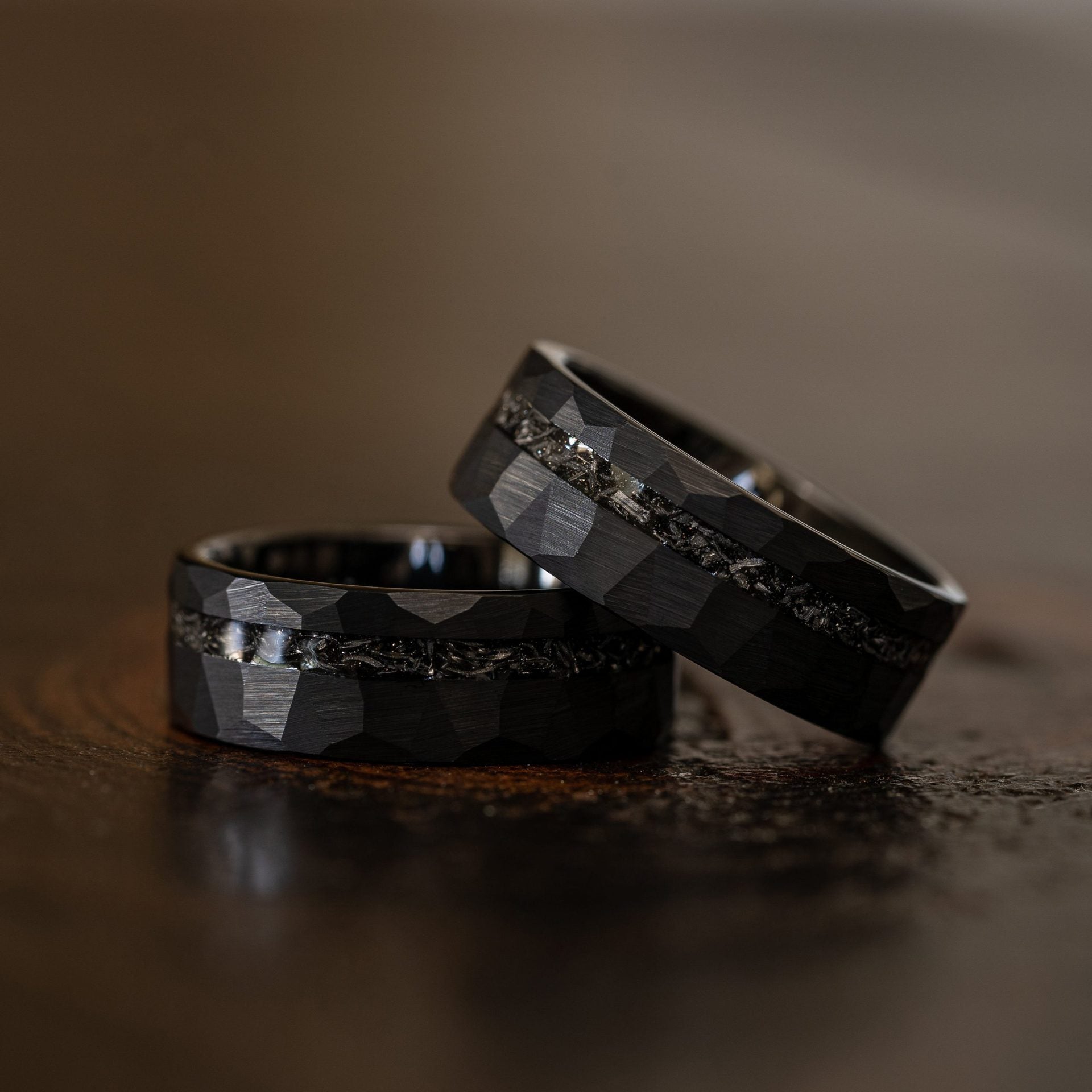 8mm Tungsten Gold Men's Wedding Band - Steel Hammered Black Ring with Meteorite Inlay - Durable & Stylish for Everyday Wear & Special Occasions