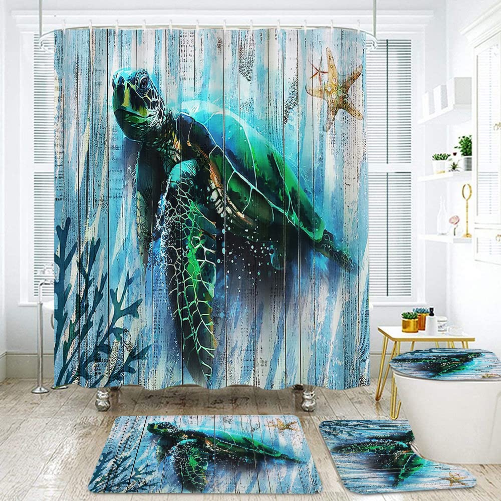 4Pcs Watercolor Sea Turtle Coral Starfish Shower Curtain Set with Non-Slip Bath Mat, Toilet Cover & 12 Hooks - Waterproof Bathroom Decor for Coastal & Nautical Theme Homes - Perfect for Beach House, Kids' Bathroom or Ocean-Inspired Interior Design
