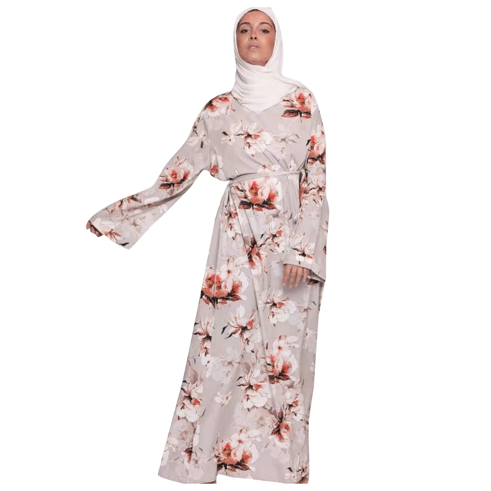 Women's Floral Print Casual Muslim Dress with Belt - Islamic Abaya Kaftan for Ladies | Perfect for Daily Wear, Prayer, and Special Occasions