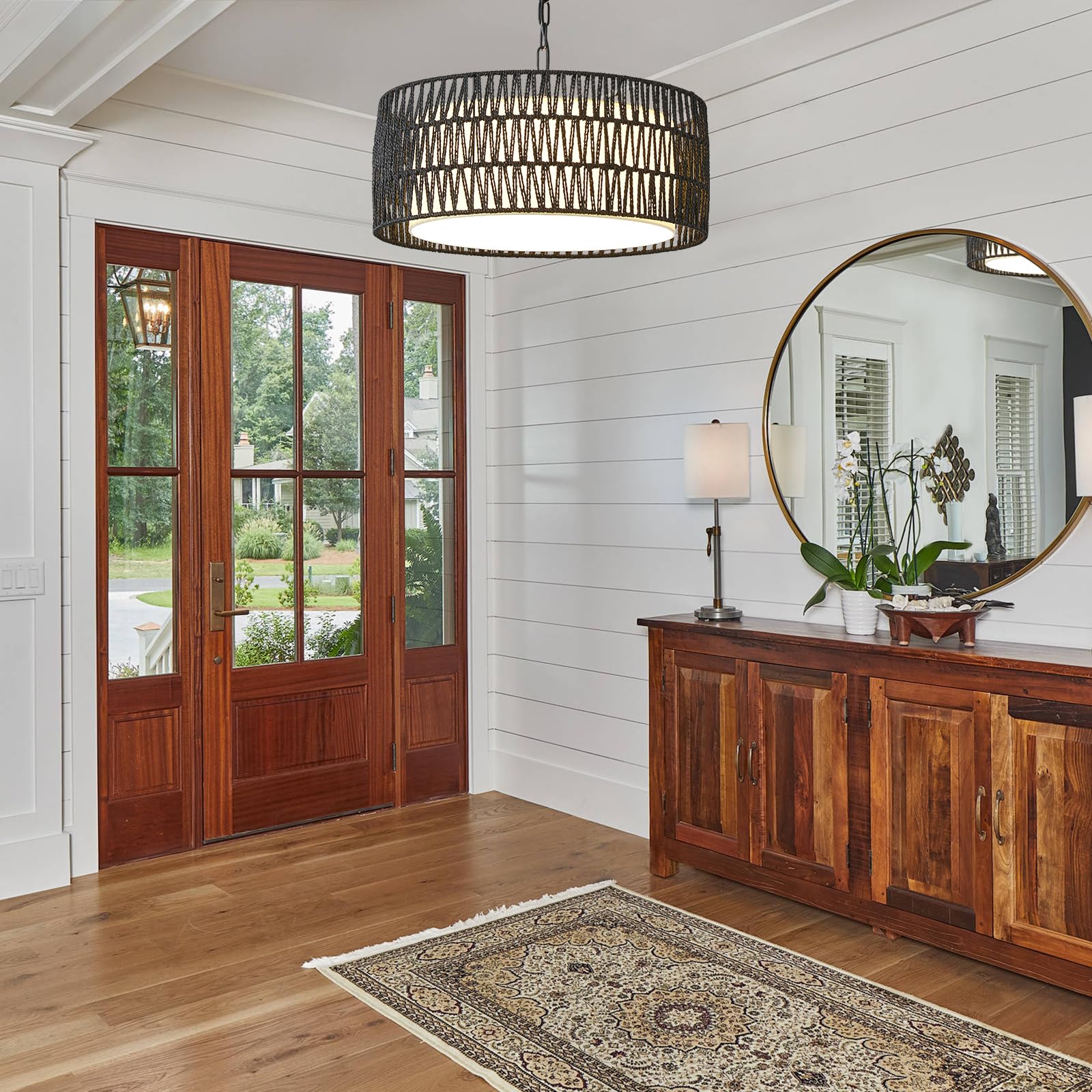 Farmhouse Rattan Chandelier Light Fixture - Black Boho Pendant Light with Hand Woven Wicker & Fabric Shade - Coastal Dining Room, Kitchen, Bedroom, Island & Hallway Lighting - Perfect for Rustic, Bohemian & Coastal Home Decor