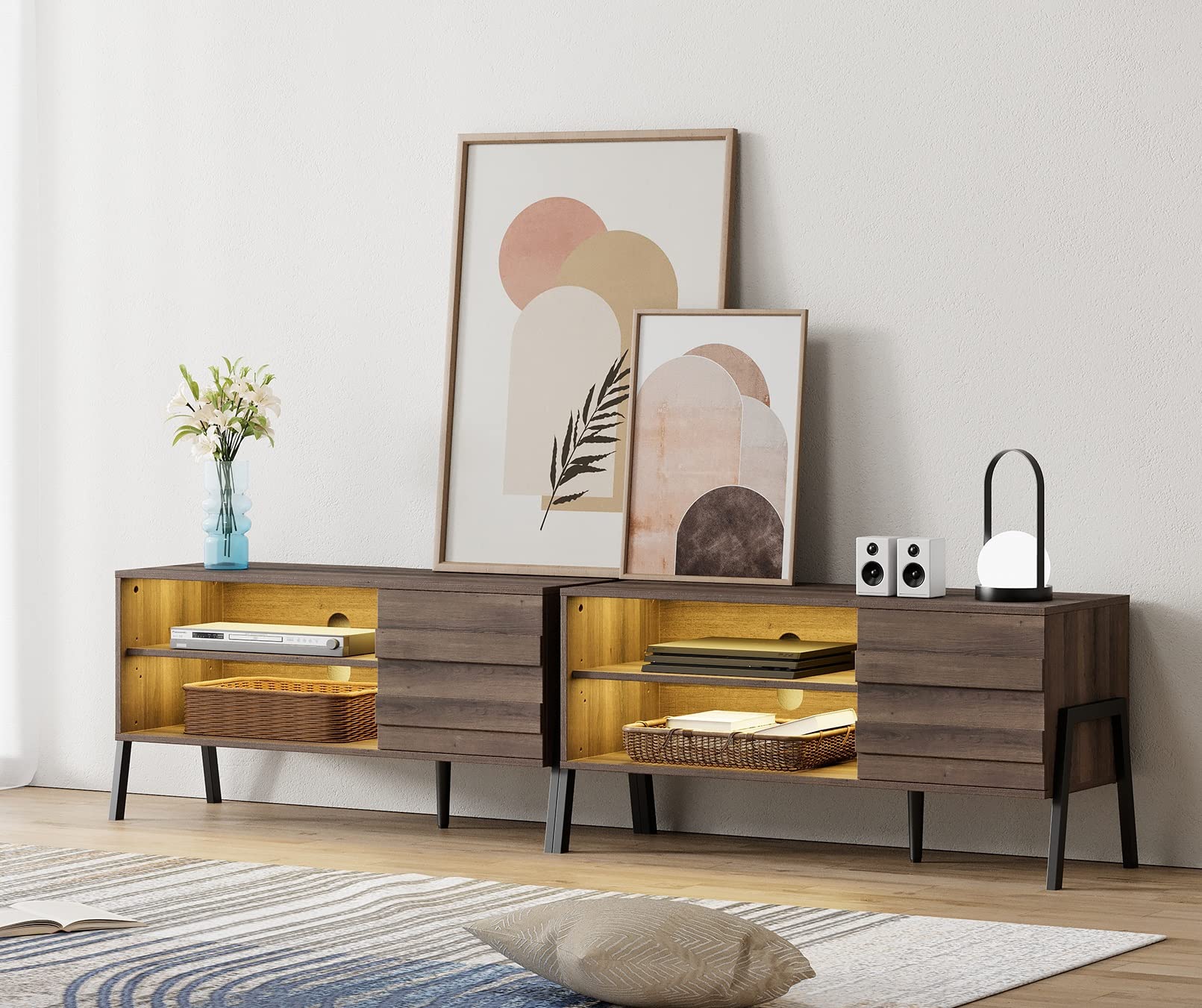 Mid Century Modern TV Stand for 85 Inch TV with Warm White LED Lights - Large Entertainment Center with Storage Cabinet & Metal Legs for 80-90 Inch TVs - Espresso TV Console Table for Living Room & Bedroom - Perfect for Home Theater Setup & Stylish Home Decor