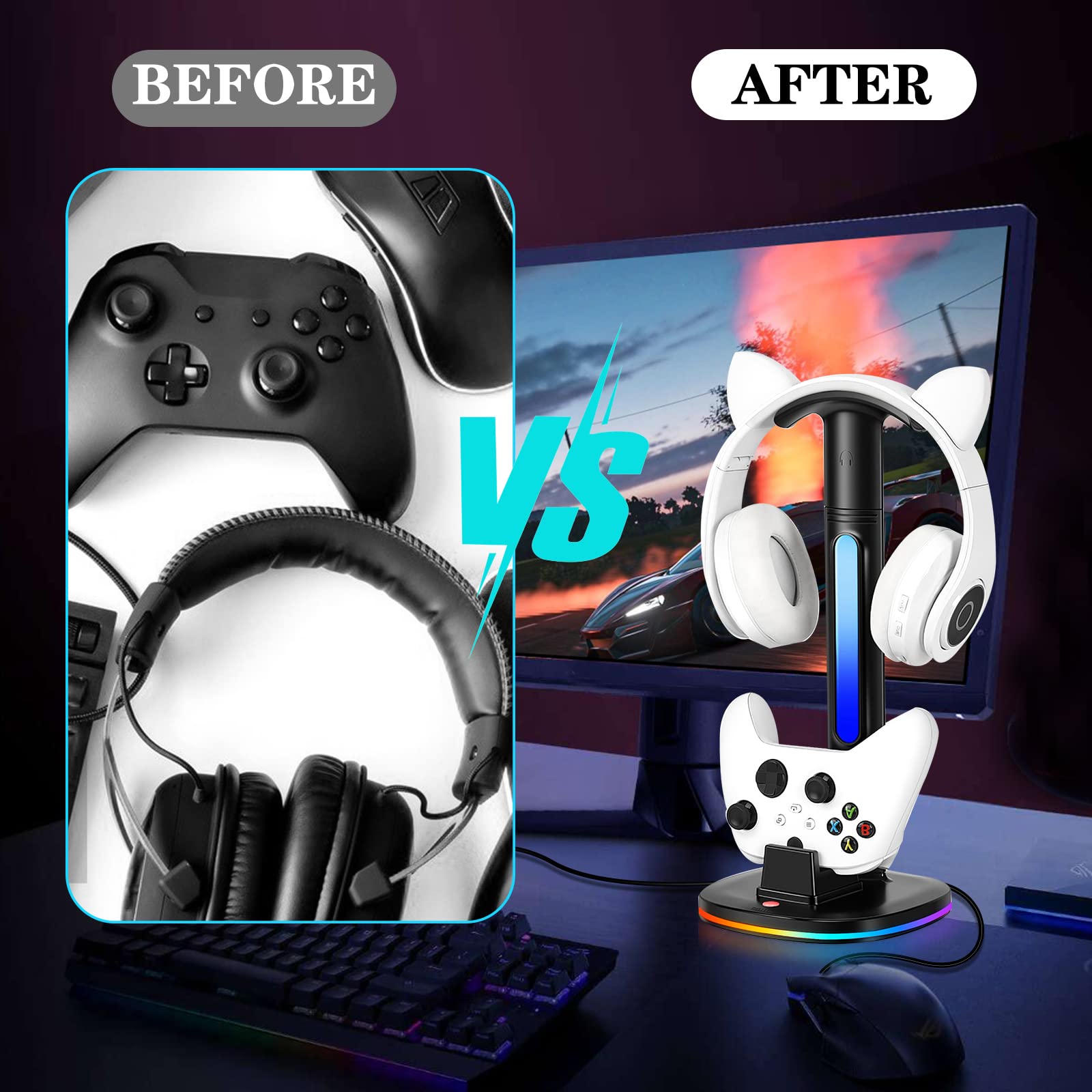 Xbox Controller Charger Station with RGB Headphone Stand - Dual USB Port Charging Dock for Xbox Series X|S, Elite 2, One X, One S & One Elite Controllers - Perfect Gaming Setup Accessory for Xbox Charging & Headset Organization