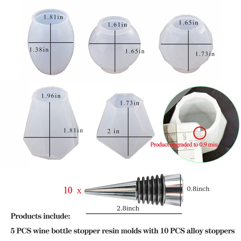 15 Pcs DIY Resin Wine Bottle Stopper Molds Set - Reusable Silicone Molds for Epoxy Crafts (5 Molds + 10 Stoppers) - Perfect for Homemade Wine Gifts, Party Favors & DIY Jewelry Making