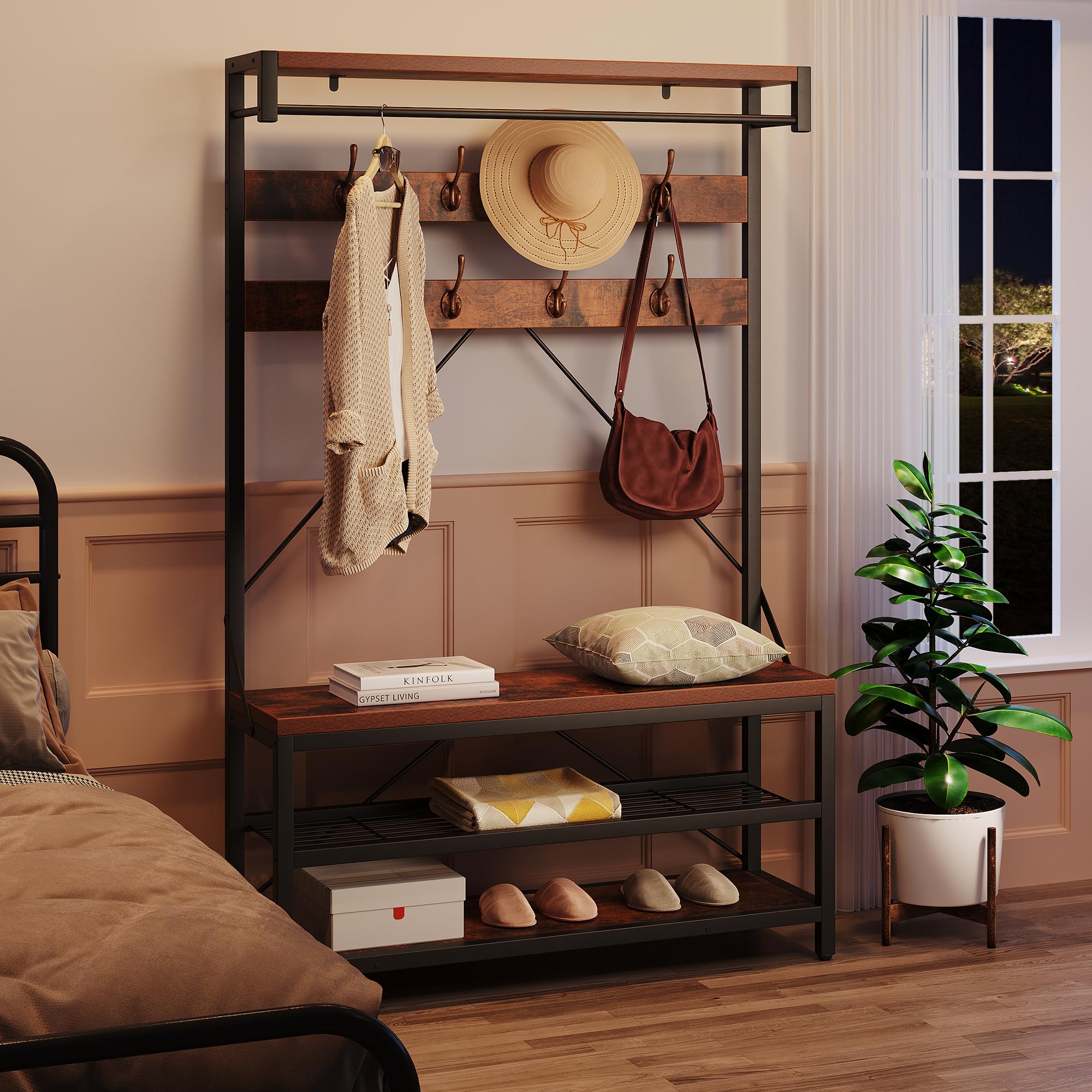 IDEALHOUSE 5-in-1 Entryway Hall Tree with Coat Rack, Shoe Storage Bench & Hanging Hooks - Rustic Brown Wood Look Storage Organizer for Entry, Mudroom, or Bedroom (39.9