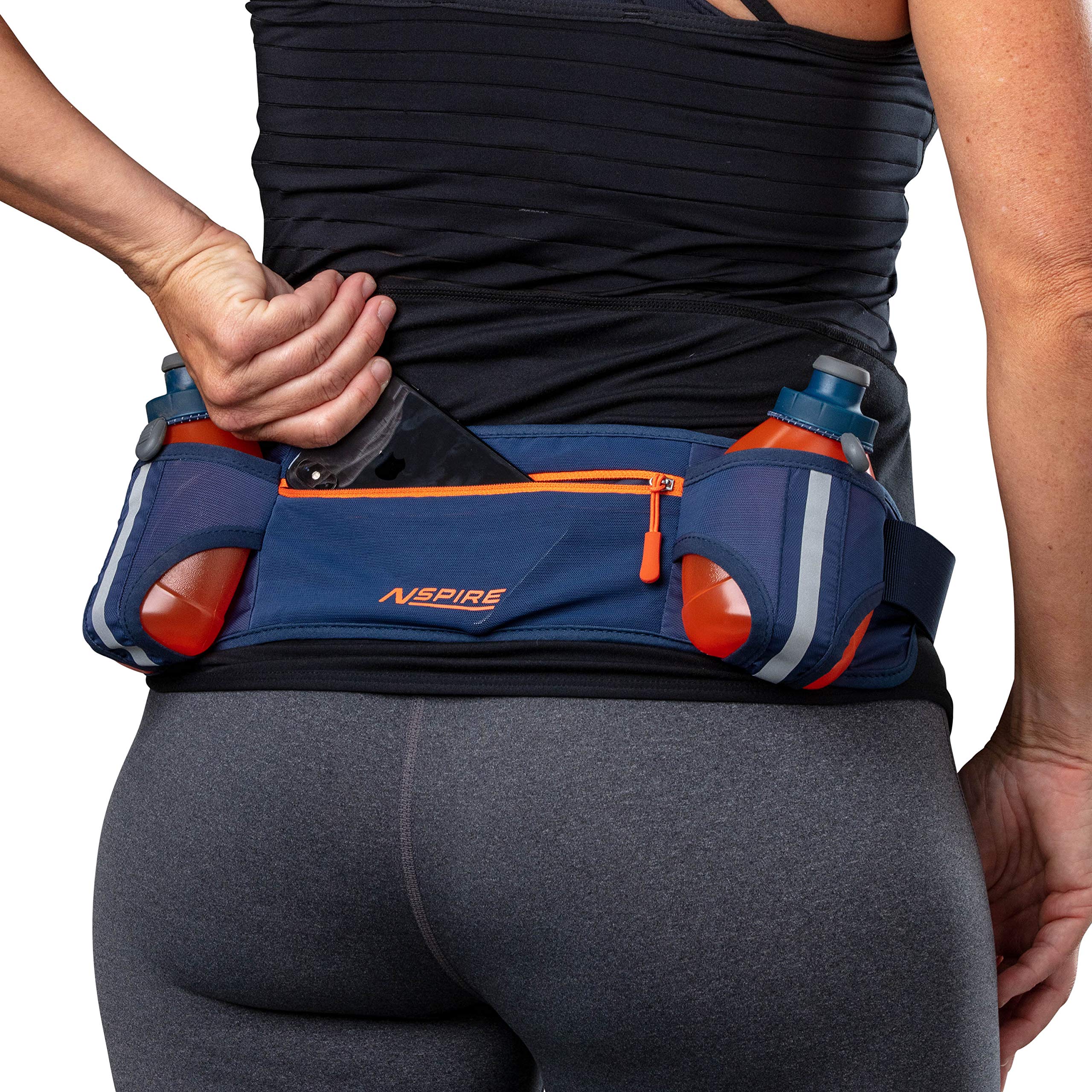 Dual Bottle Hydration Belt for Running & Hiking - Adjustable Waist Pack with 2 Water Bottles & Storage Pocket for Phone, Keys, Snacks - Perfect for Marathon Training, Outdoor Adventures (Navy/Tigerlily)