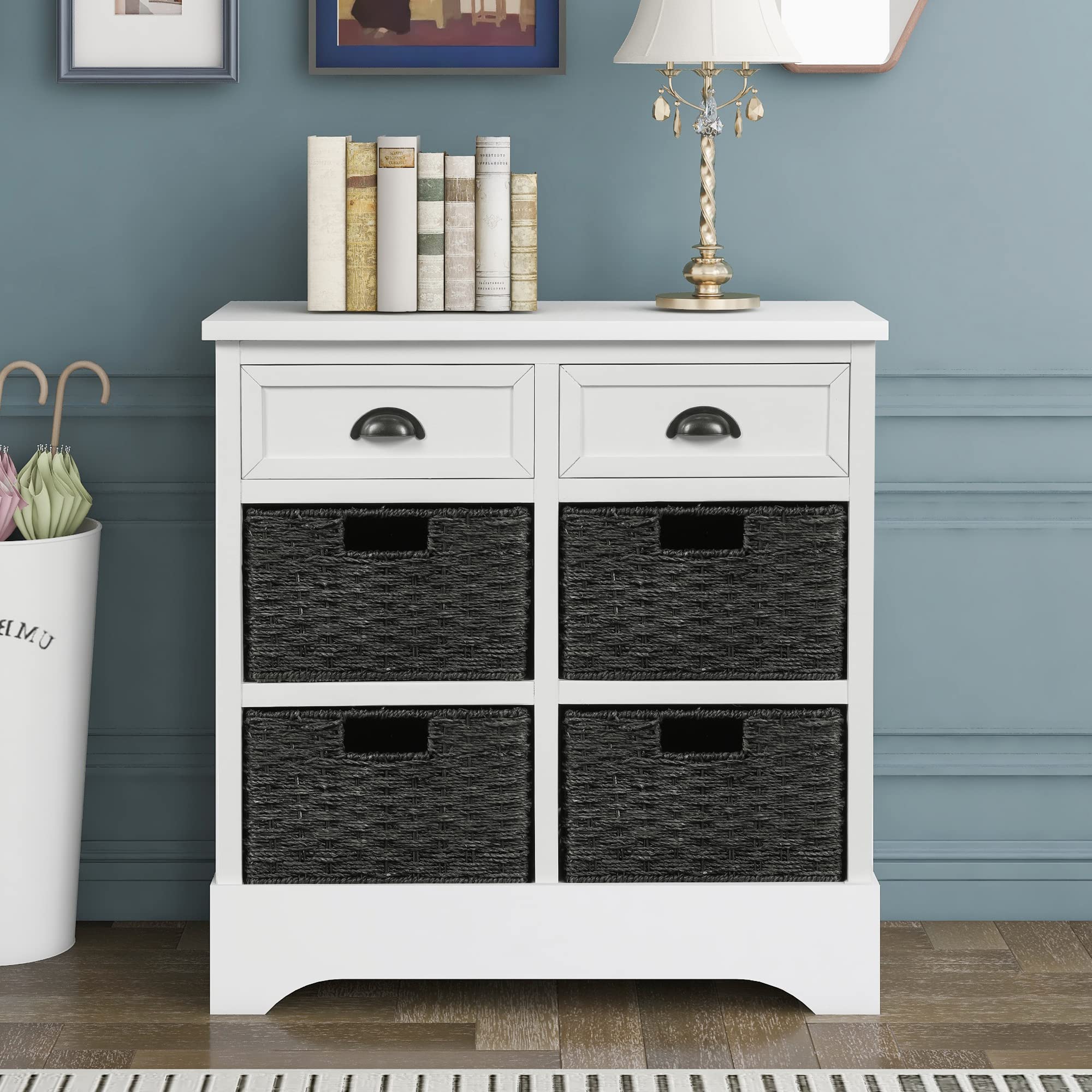 Rustic White Storage Cabinet with 2 Wood Drawers & 4 Wicker Baskets - Organizer for Home, Kitchen, Entryway, Living Room | Perfect for Home Decor, Clutter Control & Small Space Storage Solutions